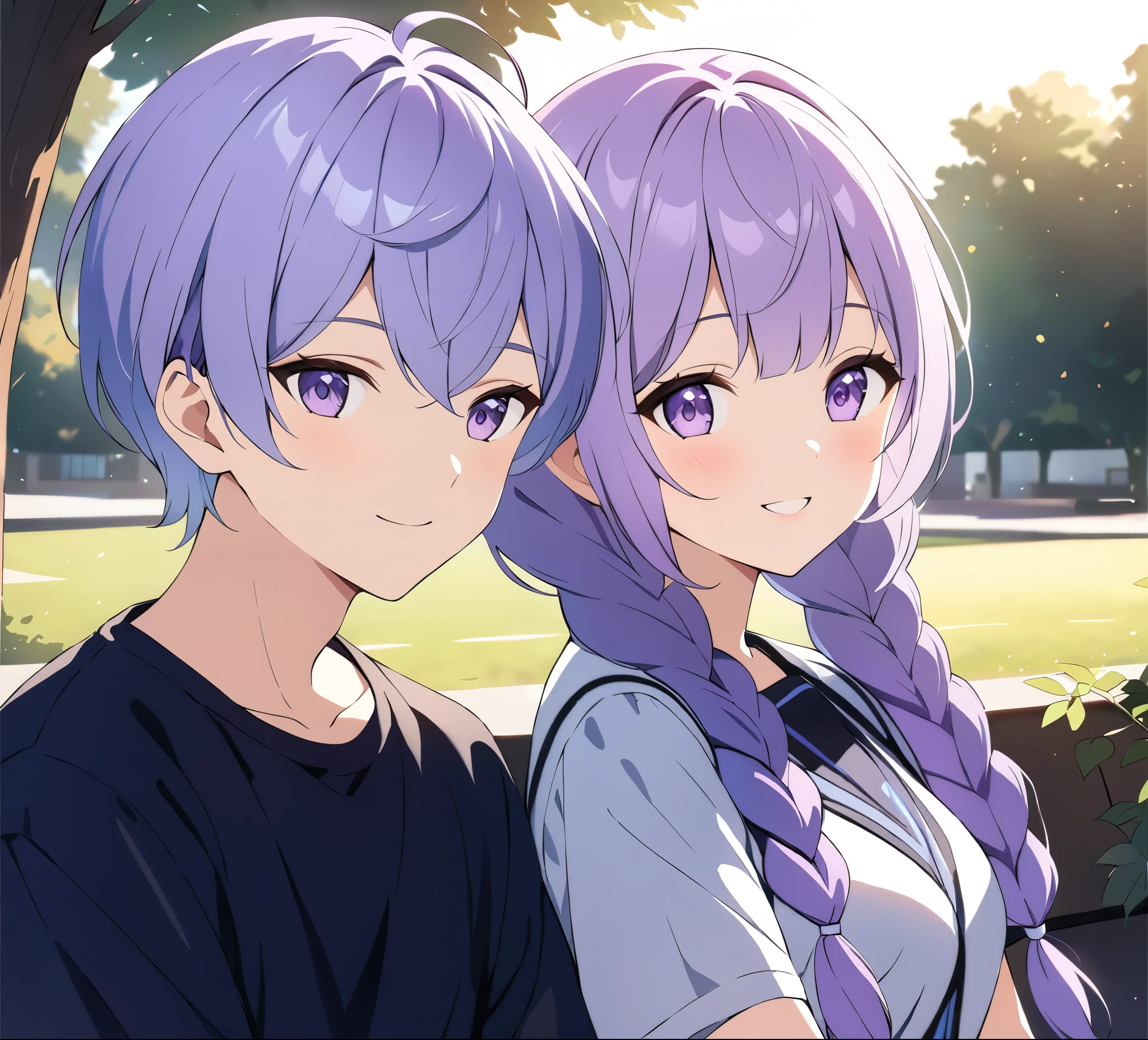 a boy and (a girl with purple and white gradient double braids) sitting side by side, youthful, campus background, sunlight streaming down, fresh and natural, sweet smiles, beautifully detailed, rich in details, high quality depiction, ultra-detailed, vivid colors, portraits, scenic lighting