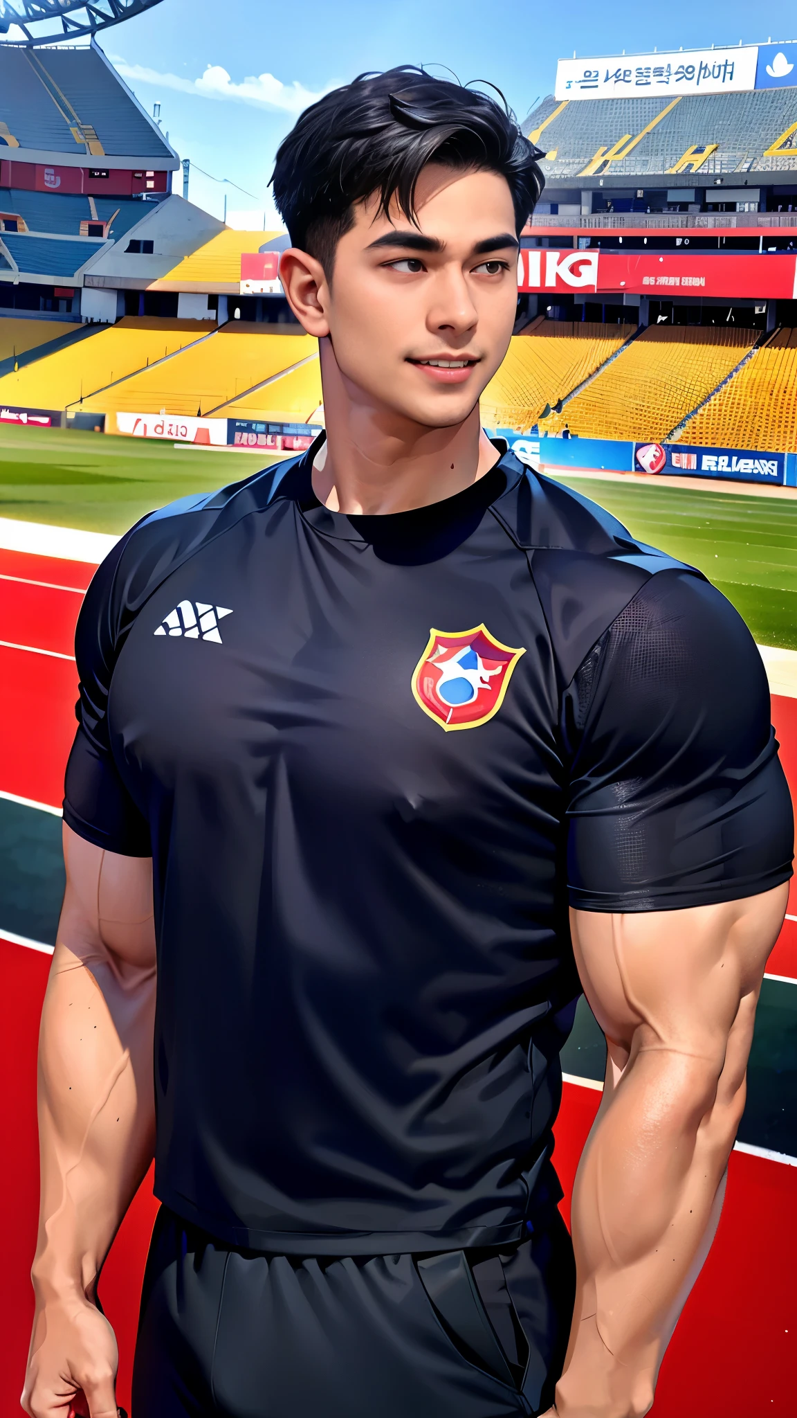 1 man, smile, (Wearing a black shirt., round neck, short sleeve football shirt.), Navy cargo pants, Korean people , korean men, (high gloss details), chest muscles, Big arm muscles, blood vessel, big muscles, Broad shoulders, looking at the audience, Balancing the eyes, (Make eye contact), sports stadium, football