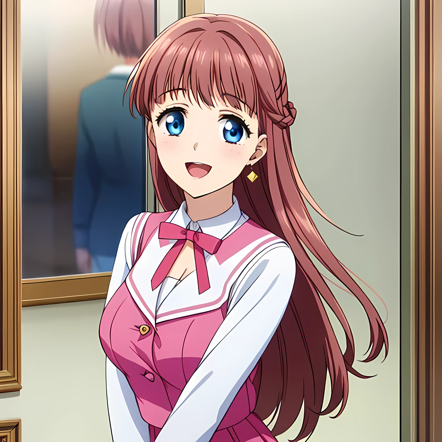 highest quality, (masterpiece:1.2), Very detailed, (((((Game CG))))), ((((A portrait of a very noble and elegant 20-year-old princess in her , seen from behind.)))), ((The girl everyone loves)), (((((Very beautiful, flaxen, wavy, long hair))))), ((((A neat and tidy pink sailor suit)))), ((((A neat, deep pink long pleated skirt)))), ((((She was smiling with her beautiful, shining eyes narrowed.)))), ((Very long eyelashes)), ((A huge red ribbon on her chest)), ((A refined and elegant look like a noble princess)), (((Beautiful and great smile))), ((Very good posture)), ((Give the viewer a heavenly feeling of happiness)), (((Blur the background))), ((Very noble and elegant face)), ((Slender and shapely breasts)), (((laughing at me with pity!))), In the background is the hallway of the Palace of Versailles, Heart-shaped gold hair ornament and earrings, ((The elegant, slightly open mouth and glossy lips of an anime heroine)), A strong wind is blowing