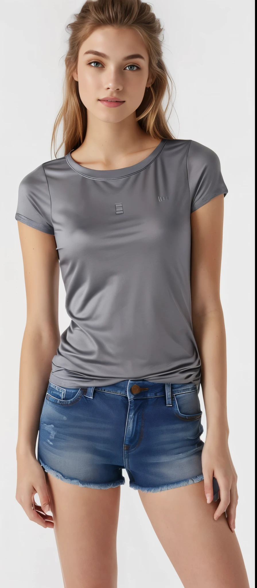 um close de uma jovem vestindo uma camisa cinza e shorts jeans, camisa cinza, solid gray, solid gray, vestindo uma camiseta muscular, cor cinza, vestindo uma camiseta, Manga curta, Roupa casual, in metallic gray, tela cinza, modern Roupa casual, camisa apertada, cinza escuro, splendid, vestindo um top fofo, metallic gray
