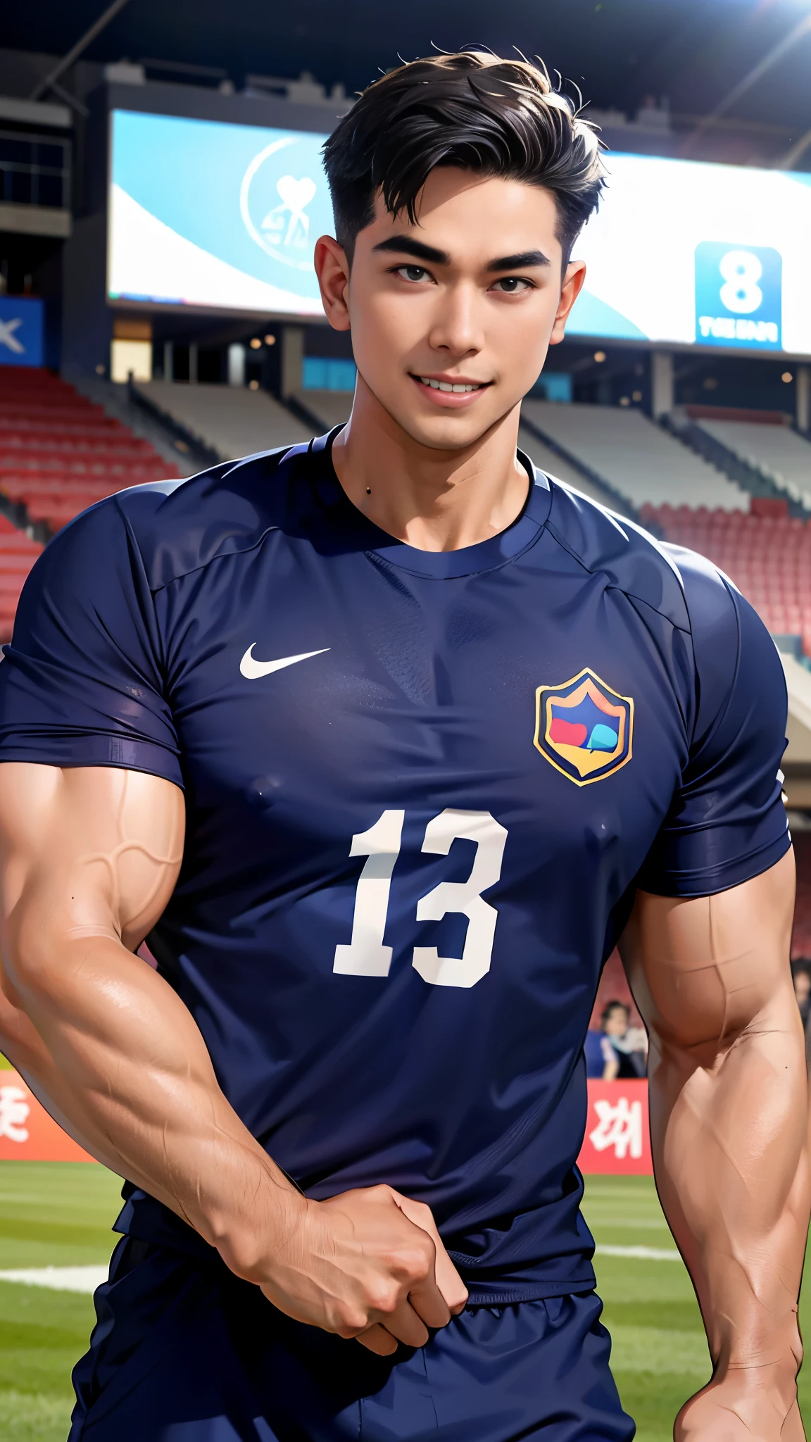 1 man, smile, (Wear a navy blue shirt, round neck, short sleeve football shirt.), Navy cargo pants, Korean people , korean men, (high gloss details), chest muscles, Big arm muscles, blood vessel, big muscles, Broad shoulders, looking at the audience, Balancing the eyes, (Make eye contact), sports stadium, football