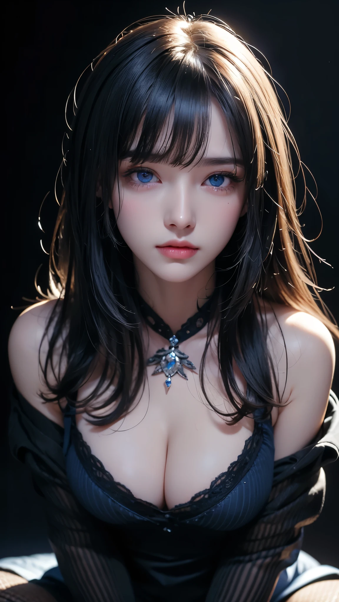 masterpiece, highest quality, Super detailed, Facing the camera, 複雑に詳細なSuper detailed, Realistic, Sharp features, Very detailed, Sharp focus, Perfect Face, Perfect Face, Perfect symmetrical perfect eyes, Perfect Plump Lips, Flexible female form, Cinematic, Film Light, Super detailed, hyper Realistic, masterpiece, Atmospheric, High resolution, Vibrant, Dynamic Studio Lighting, ((Dark Background)), The expression when crying after receiving pleasure, Straight bangs, blue eyes,Black sweater, Cowboy Shot,The cleavage is visible