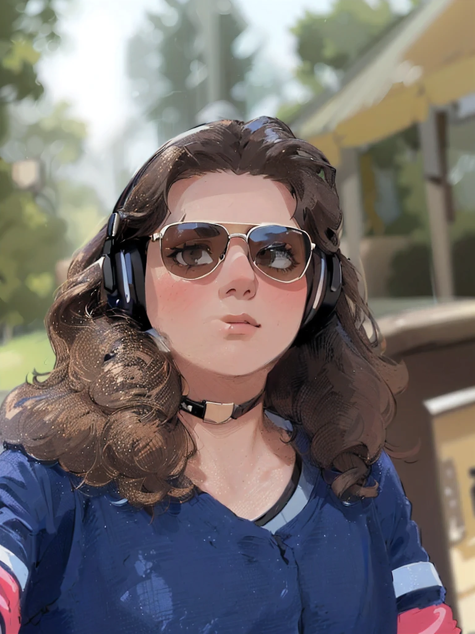 there is a woman with headphones and sunglasses on posing for a picture, with head phones, headphones on, wearing black headphones, with headphones, wearing headphones, 2 9 years old, flowing massive hair, she has headphones, headshot profile picture, profile shot, with his long black ash brown hair.