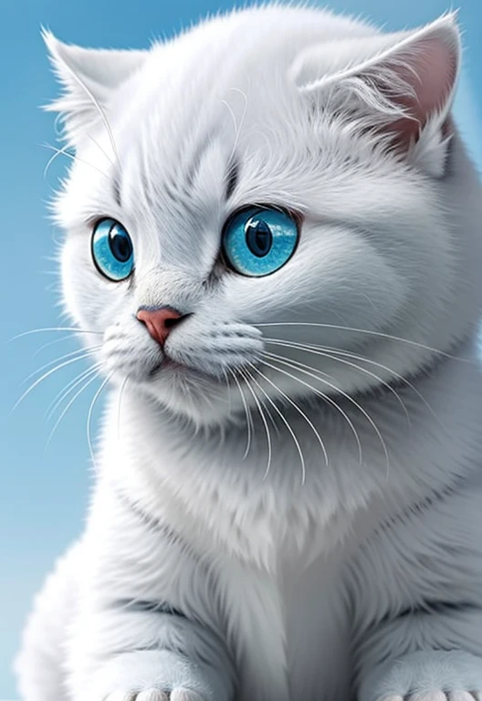 Gatinho Fofinho, Cara de Dengoso,  Azulado, Azul E Branco, Gordinho, Ultra-Fofinho, Fundo Desfocado, Imagem ultra-realista, sharp, Luz Do Sol, Foco No Cor Azulada Dos Olhos Do Gatinho.