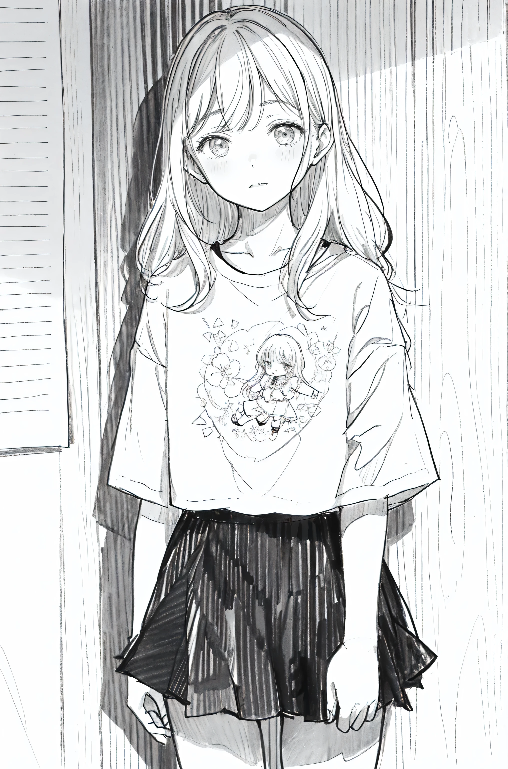 One Girl,Line art,Monochrome,sketch,Pencil drawing,Traditional Media,One Girl, Black skirt fence, Long Hair Shirt, Short sleeve, skirt, alone、Cute age Girl, ,Beautiful portrait、Delicate body、line-drawing,monochromes,sketch,Pencil drawing,Traditional Media,1girl in, black skirt fence, long hair shirt, Short sleeves, Skirt, Solo、Standing, (Cute teenwoman, Solo),Beautiful portrait、Delicate body、full bodyesbian、look up to、