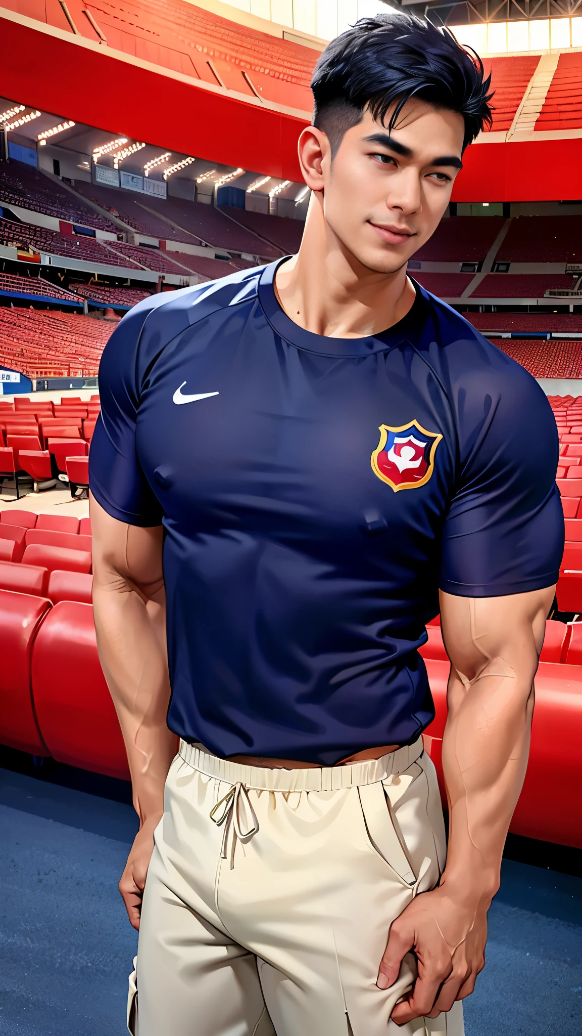 1 man, smile, (Wear a navy blue shirt, round neck, short sleeve football shirt.), Navy cargo pants, Korean people , korean men, (high gloss details), chest muscles, Big arm muscles, blood vessel, big muscles, Broad shoulders, looking at the audience, Balancing the eyes, (Make eye contact), sports stadium, football