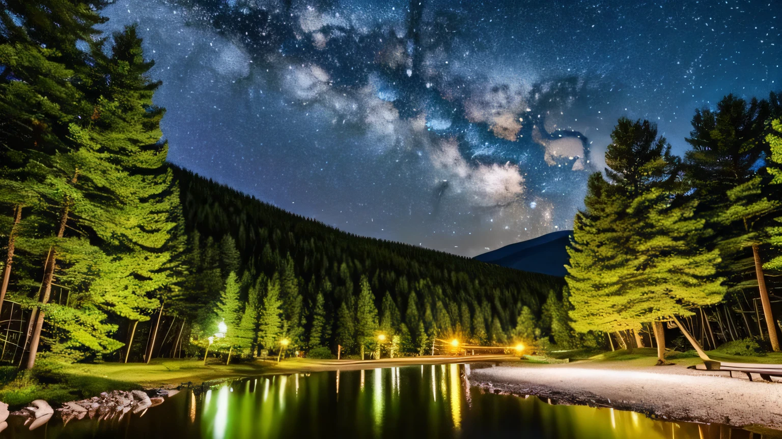 Starry night forest、A pleasant meadow where you can take a break and replenish your positive energy, Beside a river with sparkling, clear water.