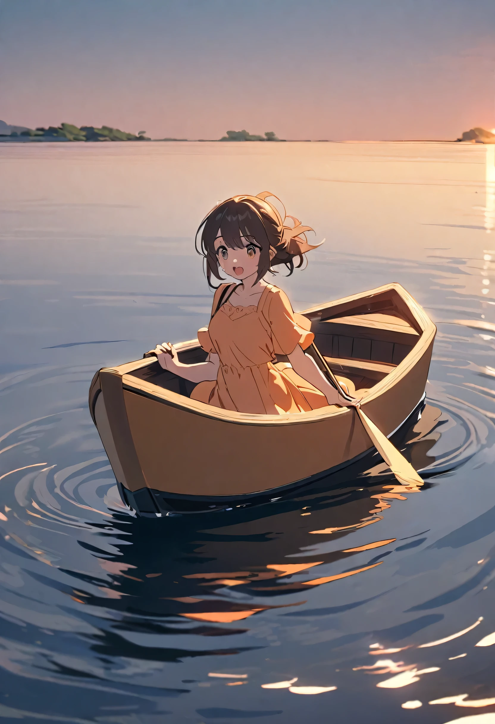 A lady wearing a pastel orange dress is riding a small boat in a lake.