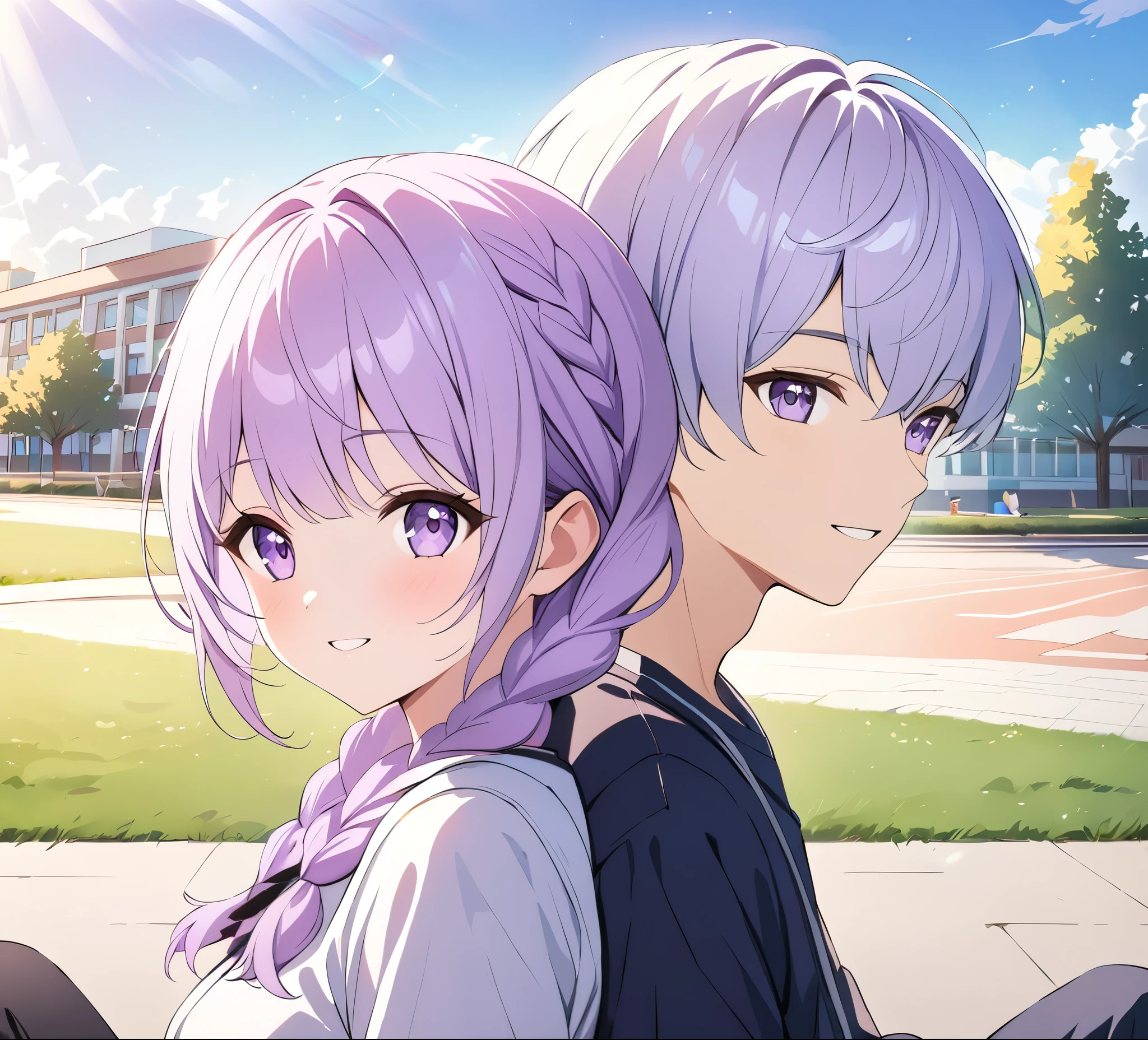 a boy and (a girl with purple and white gradient double braids) sitting side by side, youthful, campus background, sunlight streaming down, fresh and natural, sweet smiles, beautifully detailed, rich in details, high quality depiction, ultra-detailed, vivid colors, portraits, scenic lighting