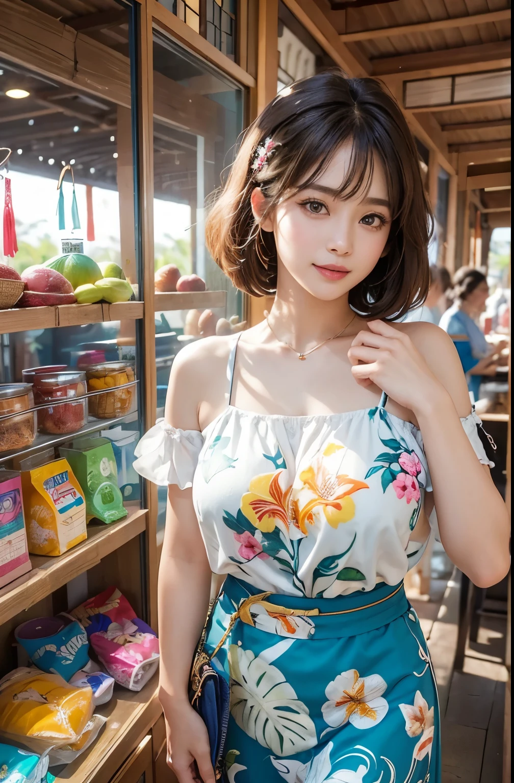 ((highest quality、8k、masterpiece:1.3))、Sharp focus:1.2、(Realistic、Photorealistic:1.37)、((Beautiful smile))、Focus on the viewer、Woman with beautiful face、(((32 years old)))、Pointed Chest、Long eyelashes、Colored Contact Lenses、big 、Delicate、Very fine grain、Very fine eyebrows、(Sharp eyebrows)、(Thin eyebrows)、Very very very detailed face、((Brunette short messy hair)),Dressed、Detailed Background(8k、masterpiece、highest quality、Raw photo)
(In a shop with a tropical resort atmosphere of Bali、Please draw a Japanese woman choosing clothes.。:1.3)There is a wooden display rack in the background.、Colorful batik and sarongs、Sandals and other accessories are included。Outside the shop you can see a lush tropical garden.、Palm trees and vibrant flowers々is in full bloom。
She is wearing a clean white blouse and denim skirt.、I am looking at bright and colorful tropical clothing.。Her expression is joyful、His eyes were wide open in a bit of surprise.、A gentle smile on her lips。
Her mannerisms are relaxed.、She is holding a batik dress in her left hand and gently stroking it with her right hand.。Other tourists and store clerks can be seen in the background.、The shop is filled with bright natural light.。