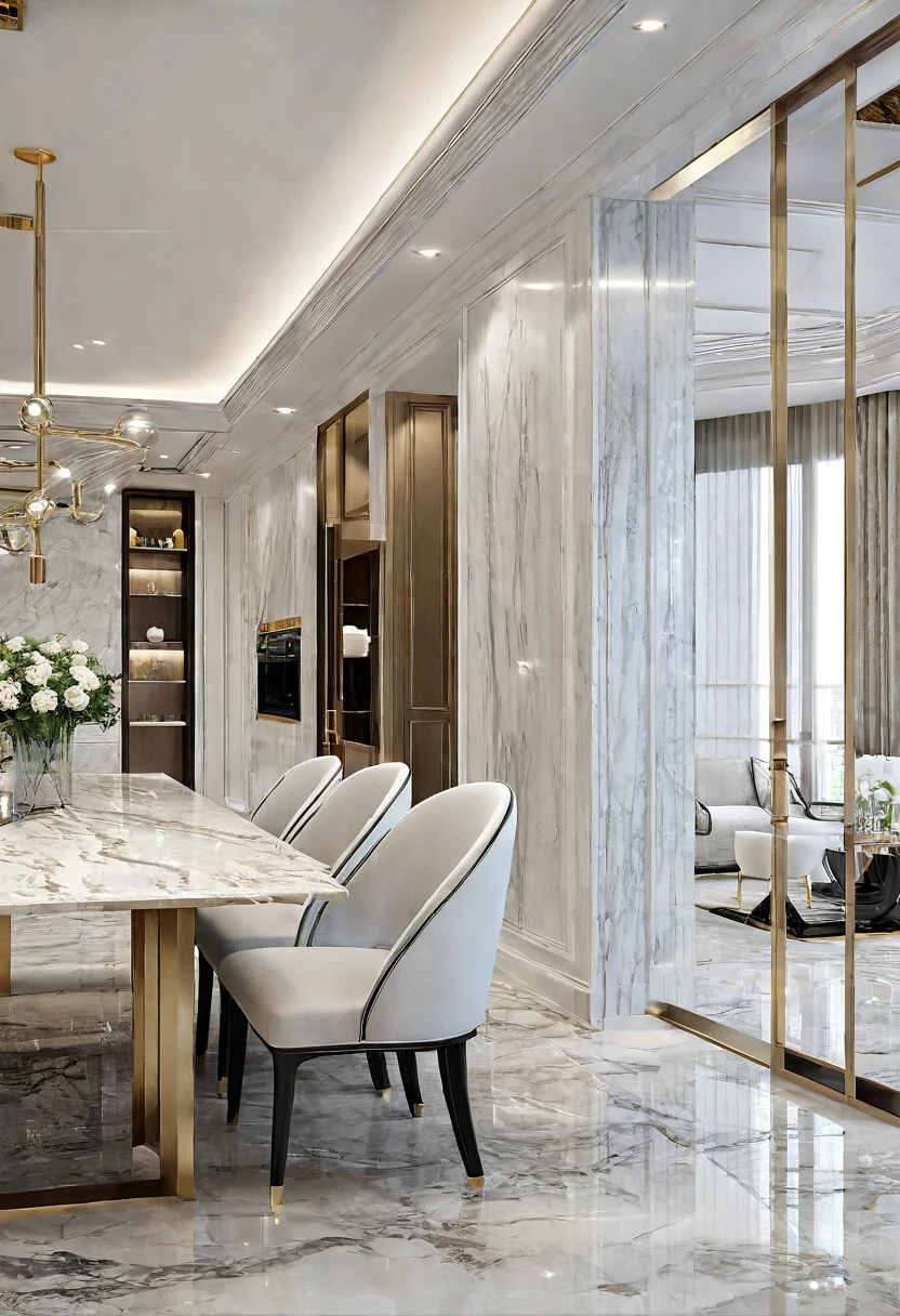 there is a dining room with a marble table and chairs, luxury condo interior, high quality rendering, precise architectural rendering, elegant and refined, high-quality render, insanely detailed rendering, award-winning render, high quality 3 d render, high quality 3d render, realistic physical rendering, luxury hd render, neo - classical, neo-classical, professional 3d render