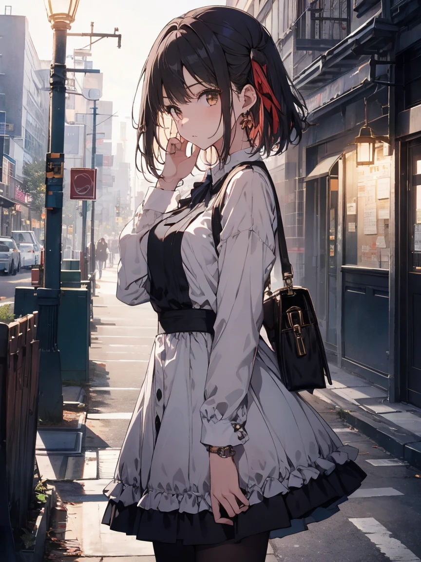 路上で一人でEarringsを着けている黒いdressを着た女性、1 girl、フープ Earrings、dress、solo、jewelry、Outdoor、Earrings、Black Hair、Looking at the viewer、Street lamp post、黒いdress、No sleeve dress、Long Hair、No sleeve 、pantyhose、Brown eyes、Nagisa