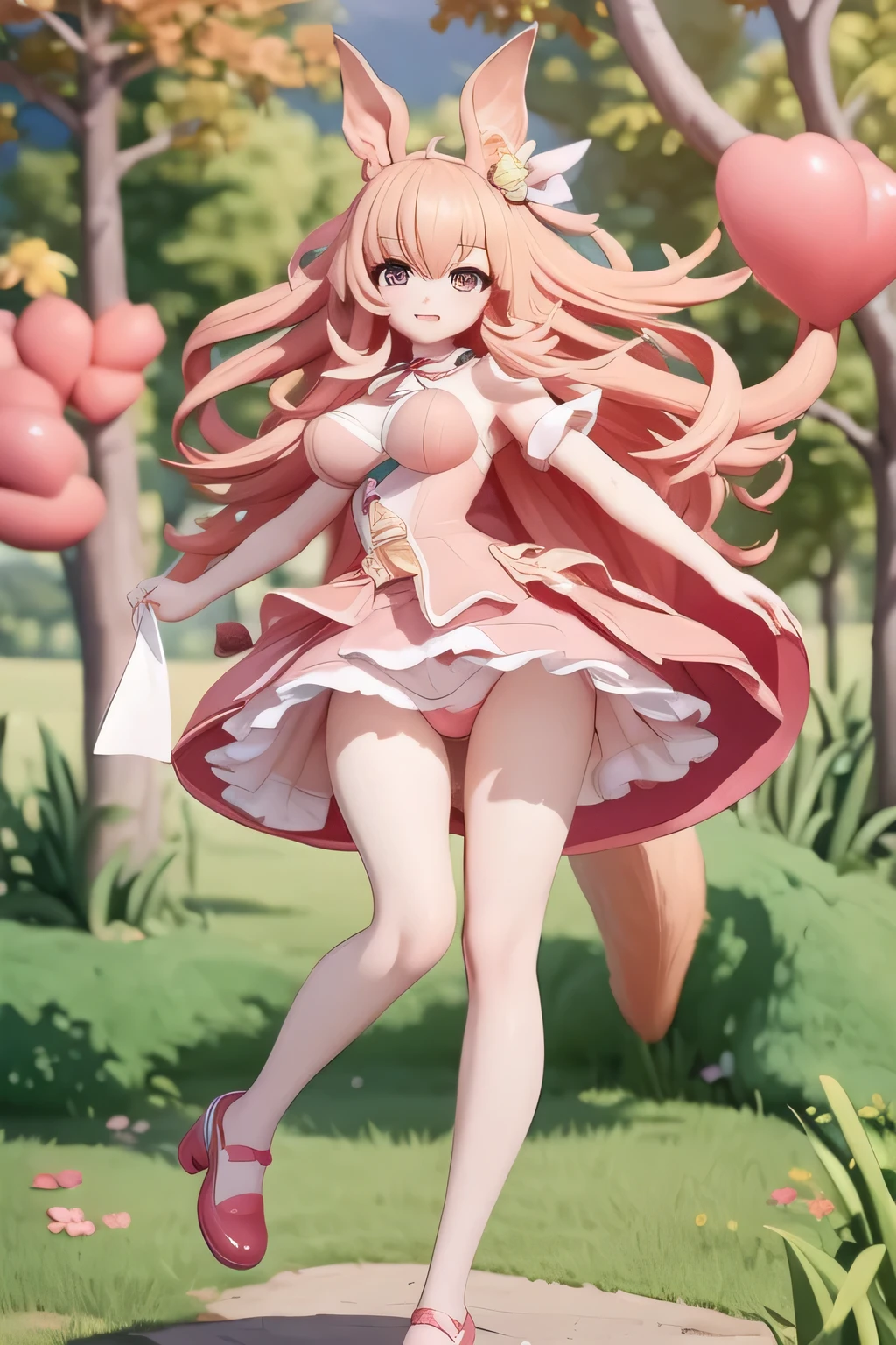 1giel, long hair, pink hair, long hair, animal ears, squirrel, pink dress, short skirt, squirrel tail, shoes, breasts, large breasts, 
