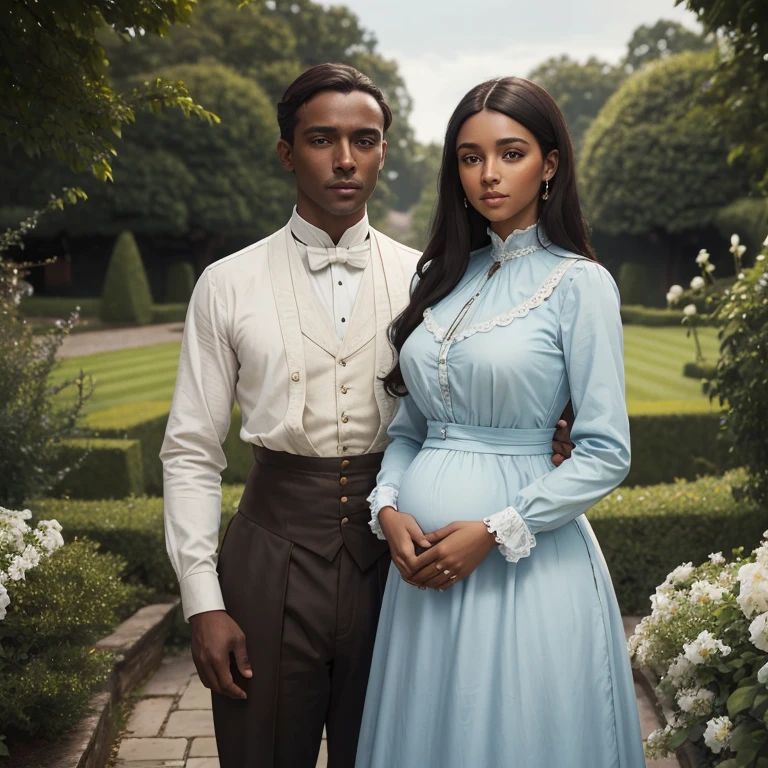 A pretty young pregnant girl with green eyes, long black hair, and brown skin wearing a long historic Edwardian light blue dress with long sleeves and a white blouse with her belly covered standing next to her white English adult husband with light skin and brown hair wearing a historical brown suit in the garden of an English Manor