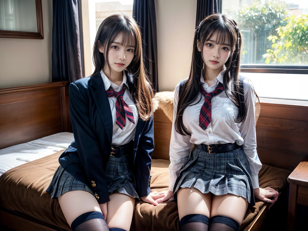 (8K, Raw photography, top-quality, masterpiece:1.2), master piece, best quality, illustration, Super detailed, fine details, High resolution, 8K,wall paper, perfect dynamic composition,(Details High quality, realistic depiction of eyes:1.3), ((2 girls, 2 schoolgirls)), The background is a luxury hotel room、High school girl uniform、blazer 、Super Short Check Uniform Skirt、Navy blue high socks、garterbelts、Colossal tits、Disturbed uniform, Play with each other,Touching each other's bodies,Touching the body of the girl next door, short bob hair, black hair color, huge breasts, Big Natural Color Lip, bold sexy pose, (perfect body shape), crying a little、cold gaze, Beautiful makeup,glitter makeup,Cutest 18 years old, beautiful legs, hposing Gravure Idol, Voluptuous thighs