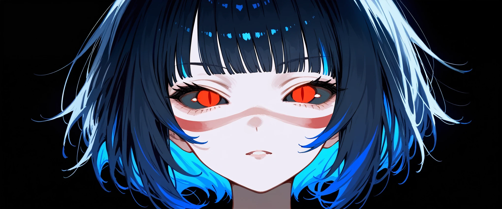 Eye focus, eye close-up, 1girl, solo, black sclera, red eyes, glowing eyes, slit pupils, blunt bangs, short hair, black hair, colored inner hair, blue hair, facepaint, black background, simple background, masterpiece, score_9, score_8_up, score_7_up