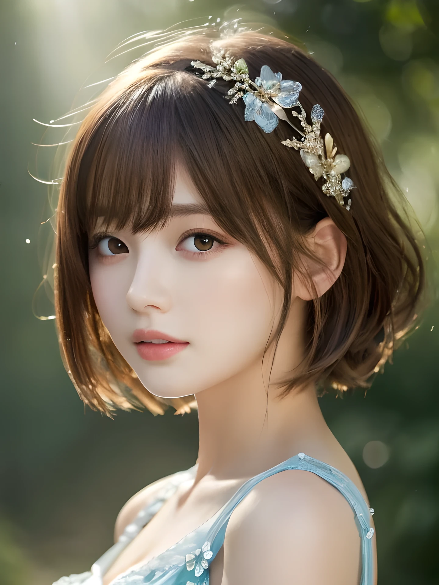 masterpiece, highest quality, High resolution, wallpaper, realistic, (bright lighting:1.4), professional lighting, face light, smooth lighting, (shoot from front:1.8), 1 girl, closeup-face, cute, sleepy, open mouth to say something, shy, Beautiful girl, sexy, super beautiful, beautiful skin, beautiful and detailed eyes、detailed face、slim、moderately, short hair, brunette colored hair, brown eyes, Professional Photography, Bokeh, Portrait, The morning sunlight shines through the misty forest path. Summer Dresses,