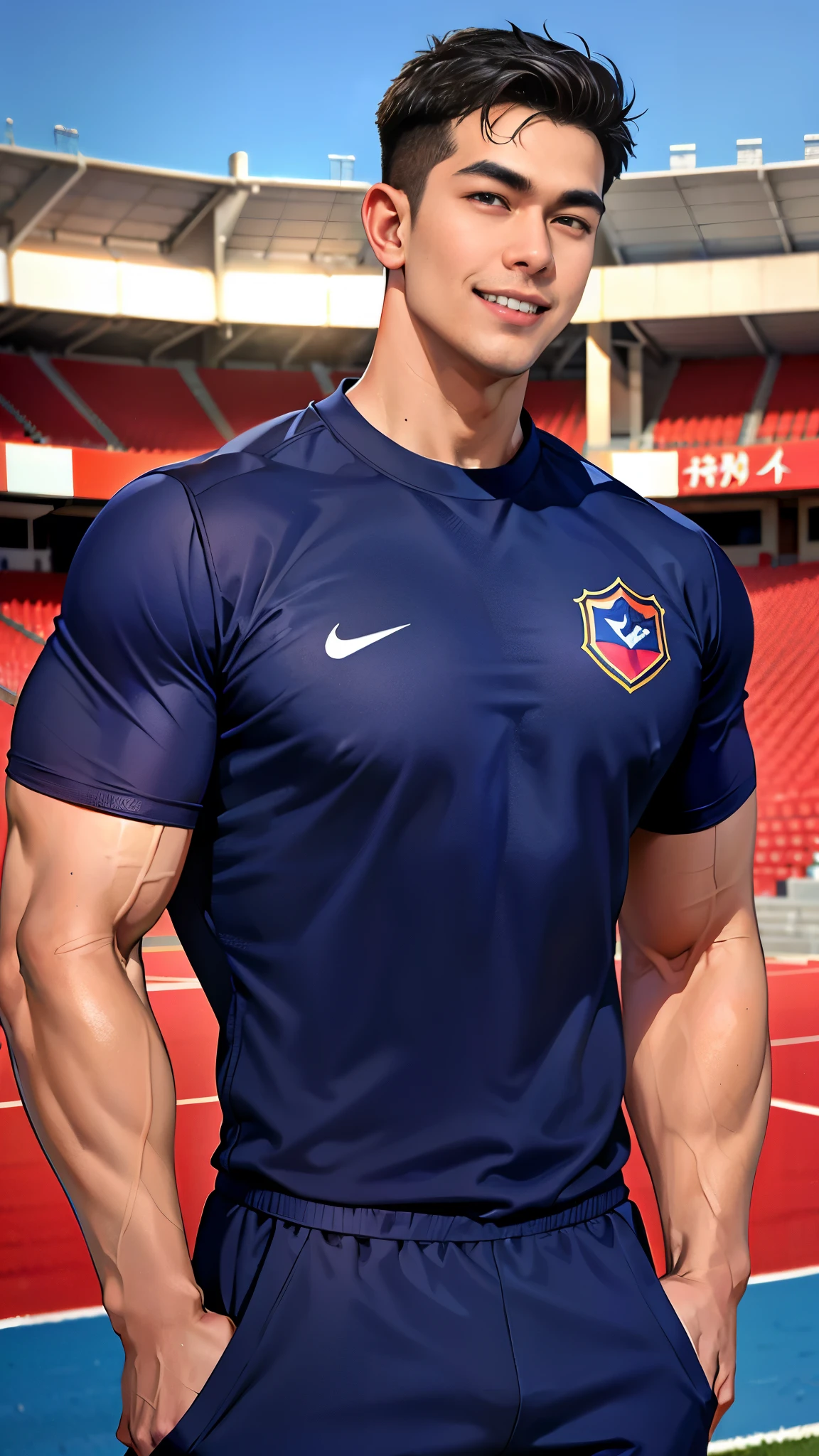 1 man, smile, (Wear a navy blue shirt, round neck, short sleeve football shirt.), Navy cargo pants, Korean people , korean men, (high gloss details), chest muscles, Big arm muscles, blood vessel, big muscles, Broad shoulders, looking at the audience, Balancing the eyes, (Make eye contact), sports stadium, football