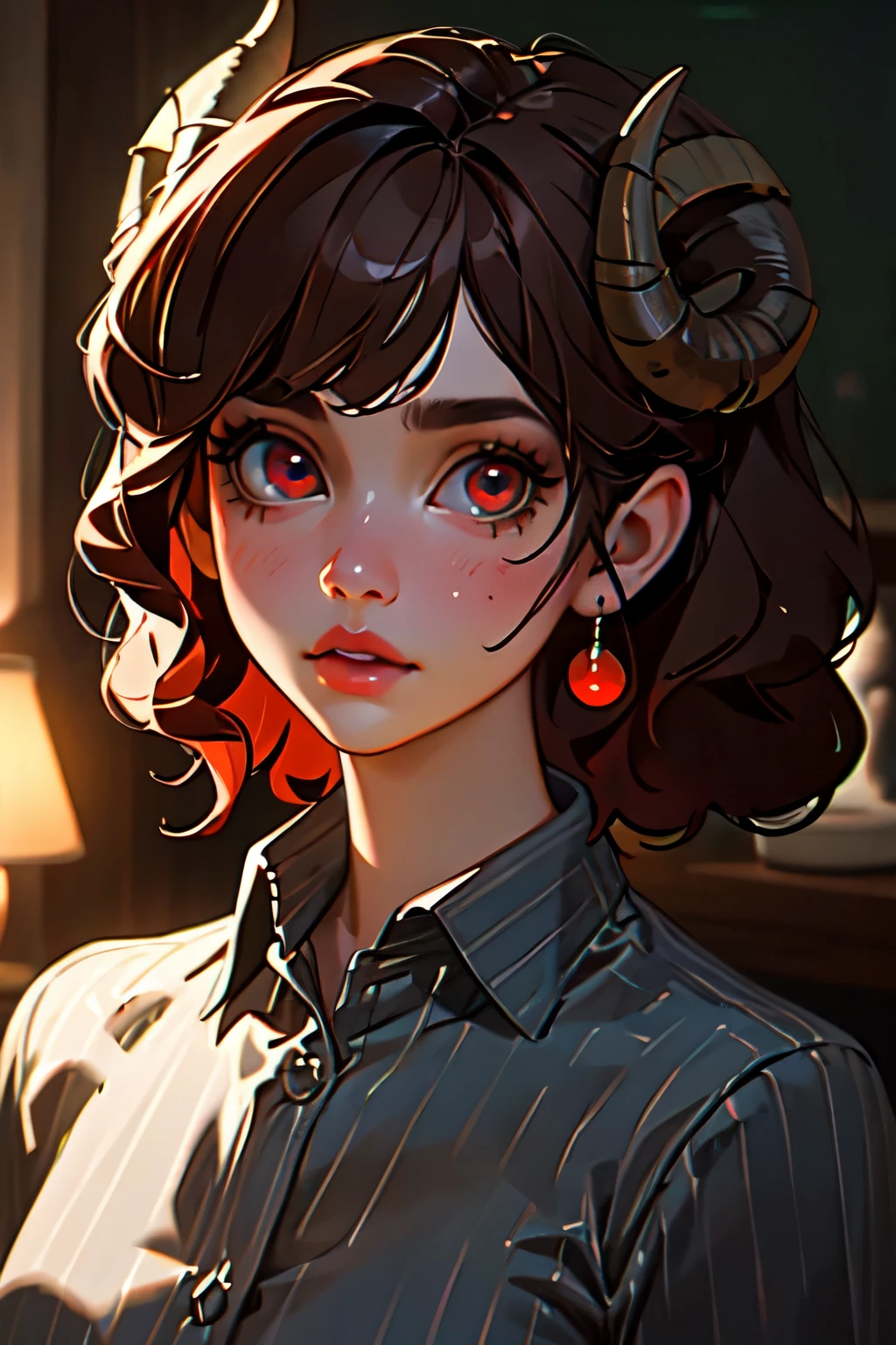a young girl with sheep horns, beautiful detailed eyes, long eyelashes, beautiful detailed lips, extremely detailed face, brown curly hair, wearing a red striped button shirt, red eyes, looking at the viewer, in an old rustic house, best quality, 4k, 8k, highres, masterpiece, ultra-detailed, realistic, photorealistic, photo-realistic, HDR, UHD, studio lighting, ultra-fine painting, sharp focus, physically-based rendering, extreme detail description, professional, vivid colors, bokeh