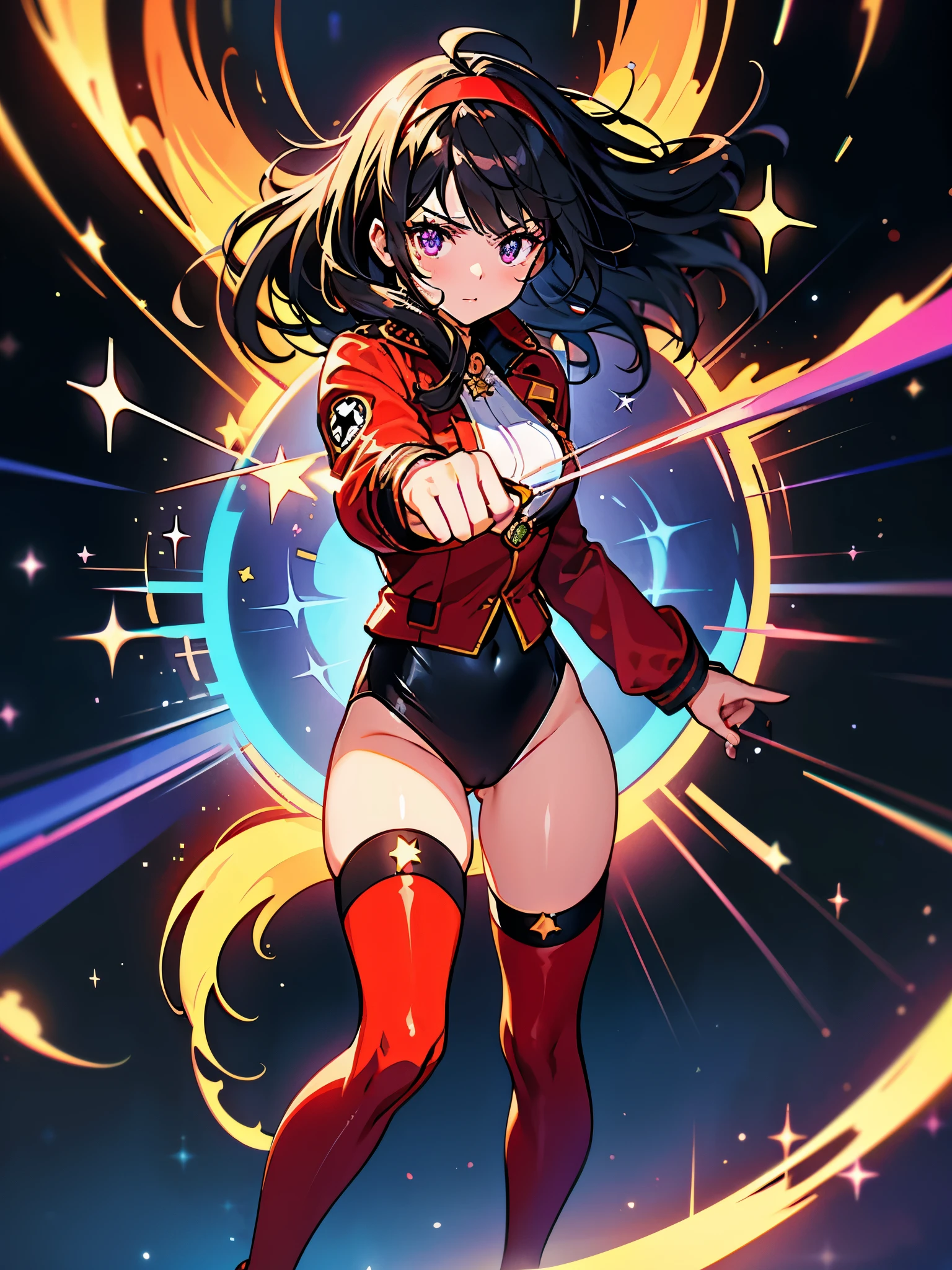 Woman with brown eyes, age 21 (medium hair, black hair, wavy hair, red hairband), ahoge, (white blouse with black star (symbols), red jacket with (star) symbols), (black leotard, bare legs), (black thigh highs, red high-heel shoes), purple stellar energy around, cosmic power, cosmic shining power. (purple eyes, beautiful detailed eyes), beautiful detailed face, cute face, (perfect hands), complete fingers, perfect anatomy, perfect proportions. (shooting with your finger, making a gun with your finger finger gun). full body costume design, full body, cowboy shot.