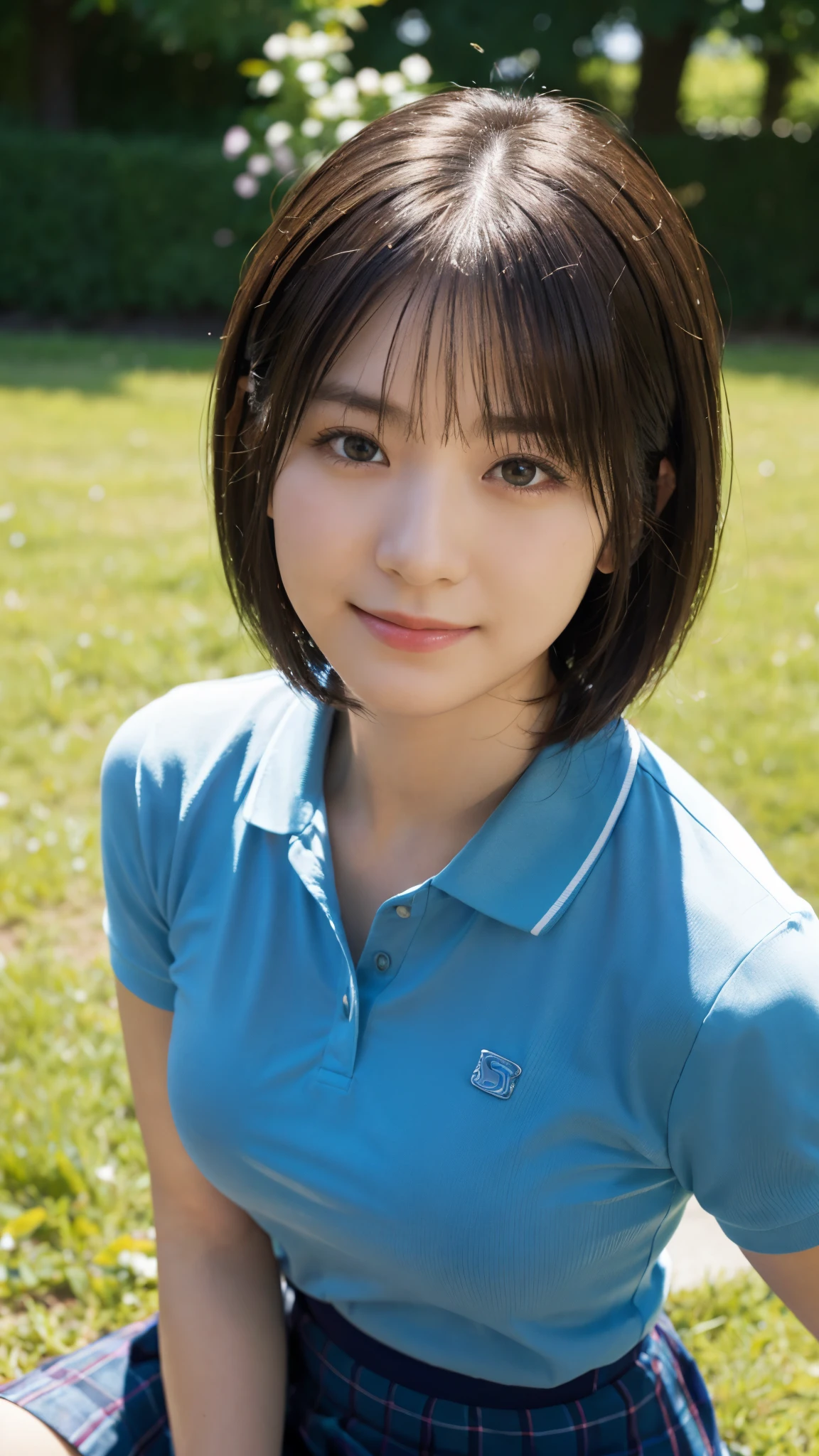 (highest quality,masterpiece:1.3,Ultra-high resolution),(Super detailed,Caustics,8k), (Photorealistic:1.4, RAW shooting),garden,grass,sit,Japanese,20-year-old,cute,(smile),Looking into the camera,Short black hair,Polo shirt,mini skirt,Bust up shot,High angle,High Position,Face Focus,Face close up,Natural light