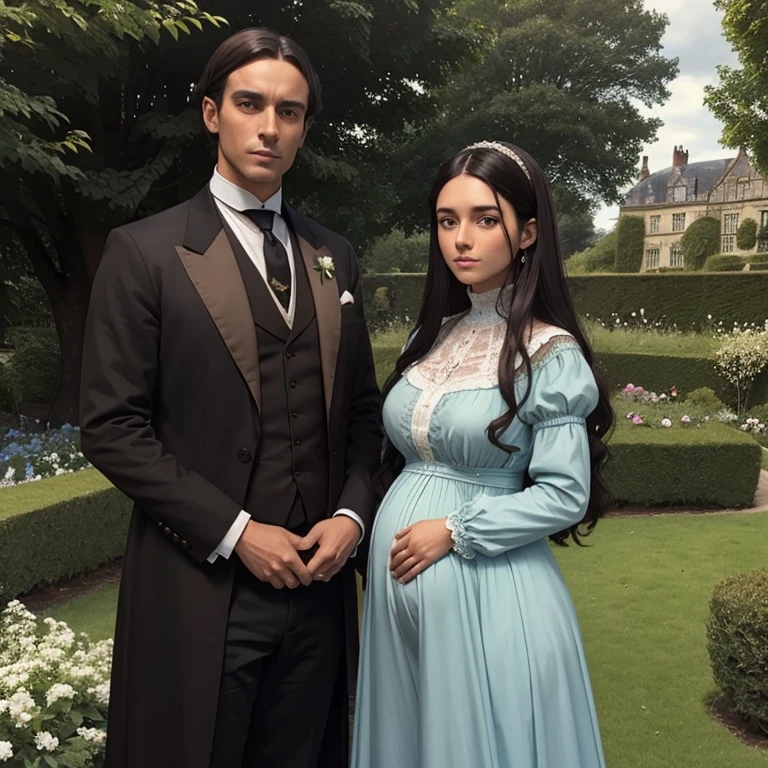 A pretty very young pregnant girl with green eyes, long black hair, and brown skin wearing a long historic Edwardian blue dress with long sleeves standing next to her white English adult husband with light skin and brown hair wearing a historical brown suit in the garden of an English Manor