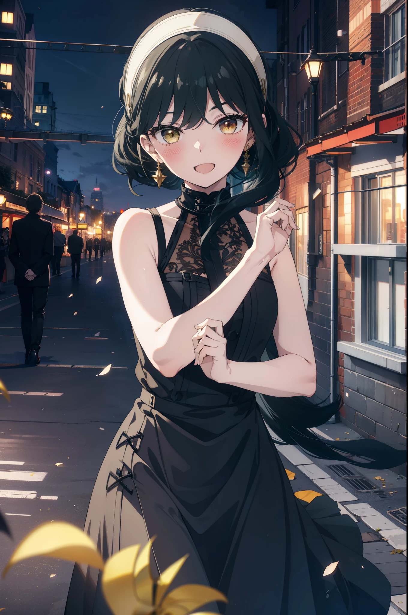 Your thorns, One girl, blush, Black Hair, hair band, jewelry, Earrings, happy smile, smile, Open your mouth, Black sleeveless dress,Bare arms,Long skirt,Cute Sandals,whole bodyがイラストに入るように,Daytime,sunny,
break looking at viewer,whole body,
break outdoors, city,construction area,bridge、
break (masterpiece:1.2), highest quality, High resolution, unity 8k wallpaper, (shape:0.8), (Beautiful details:1.6), Highly detailed face, Perfect lighting, Extremely detailed CG, (Perfect hands, Perfect Anatomy),