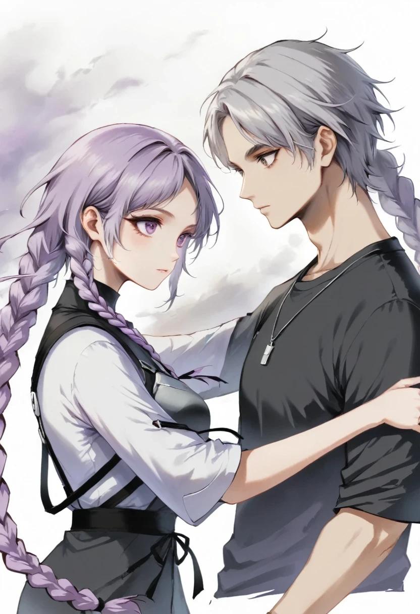 Two people,A man and a girl with long braids,purple and white,Simplicity