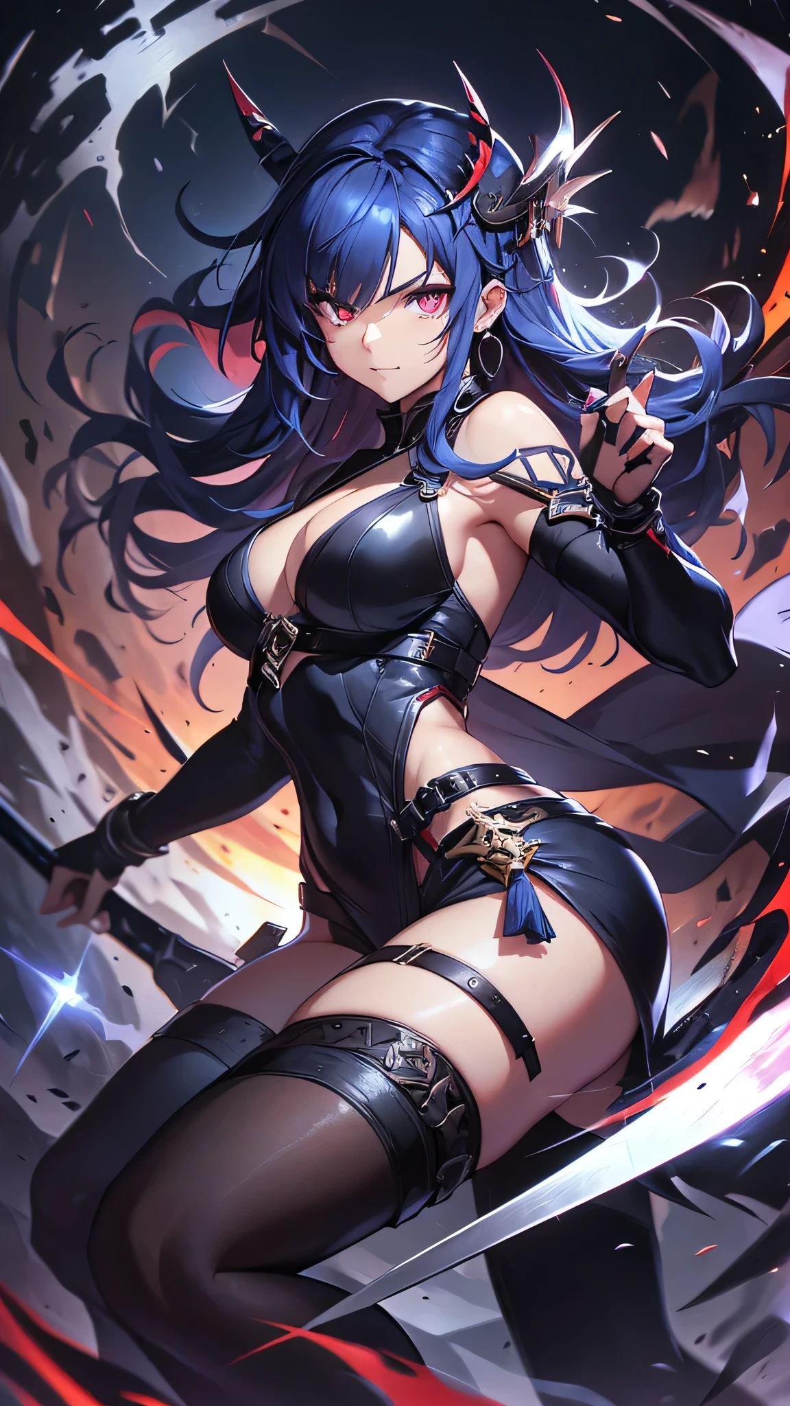 Highest quality、Highest quality、Masterpiece、girl((Age 25、as soon as、Highest Bust、Medium Bust、Wide open chest、Red glowing eyes、Black Ear、Red Mesh、Disheveled Hair、Loincloth、thin、The best valley、Open chest、Luminous Wristbands、hair ornaments、Full body view、Tank top、Black ninja costume、scar、Full body scar、Fighting Pose,Japanese sword))、high quality、Beautiful Art、background((night、Ninja World))、flight、Flying Debris、Depth of text、movie、Visual Arts、Perfect Art、8K、Genuine、