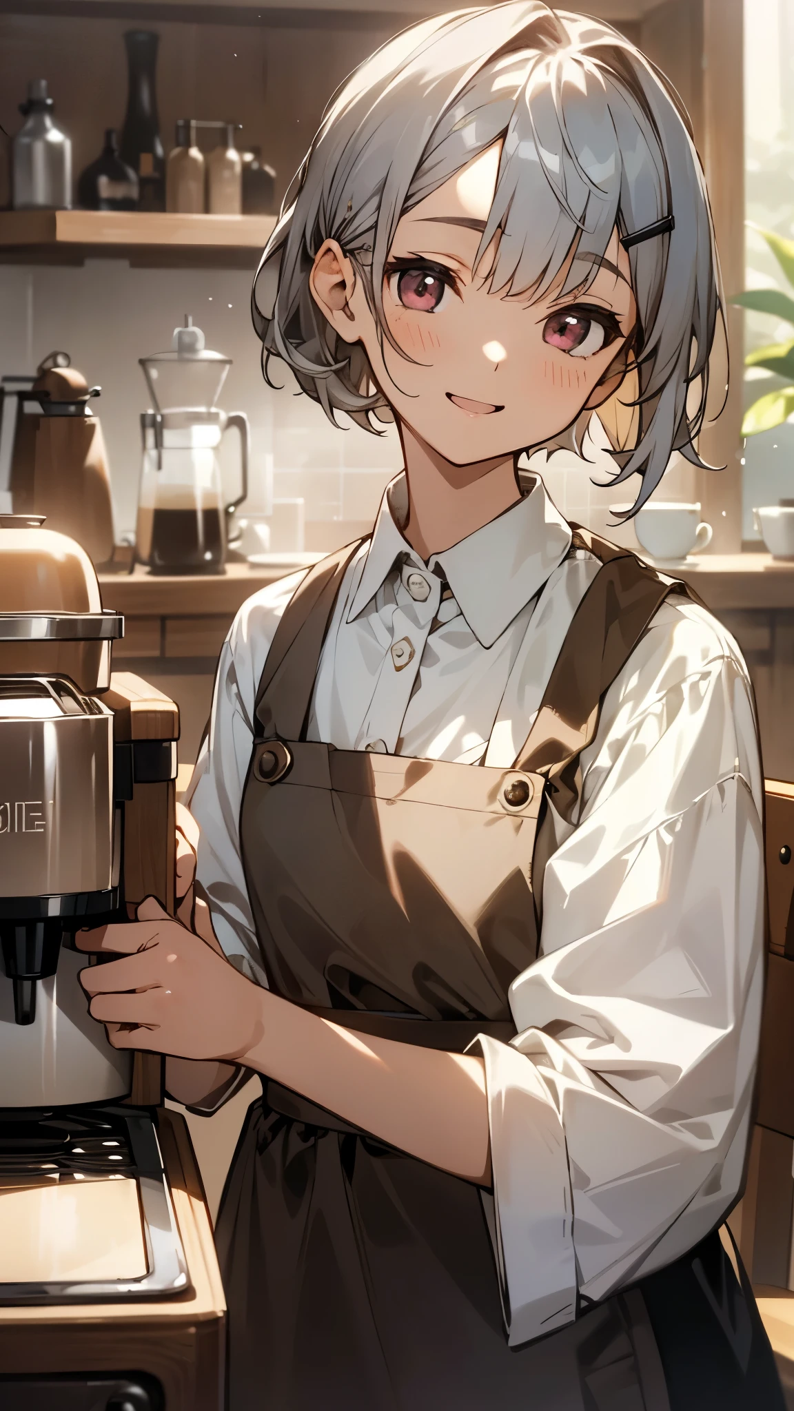 anime painting、１girl、alone、コーヒーショップで働くgirl、Silver and bob short hairstyle、Hair tied up with a hair clip.、Pink Eyes、smile、Open your mouth、Expressive eyes、Upper body close-up、She is making coffee in a machine、Coffee making、Brown apron、Inside the coffee shop、comfortable、Realistic、4K、Complex、Familiar、comfortable lights、Perfect lighting、Tracking Light、Warm colors、Table and chair、Daily life、Modern、elegant、(Relaxed atmosphere)、peaceful、Aromatic、Happy、happiness、White shirt、Barista、soft、Humble、delicate、kind、Contrast、Bright colors、Bokeh、(The perfect coffee machine)、(soft)、Shine、Shineing eyes、There is a cup on the table、There is a coffee machine on the table、Steam coming out of the cup、Delicious coffee