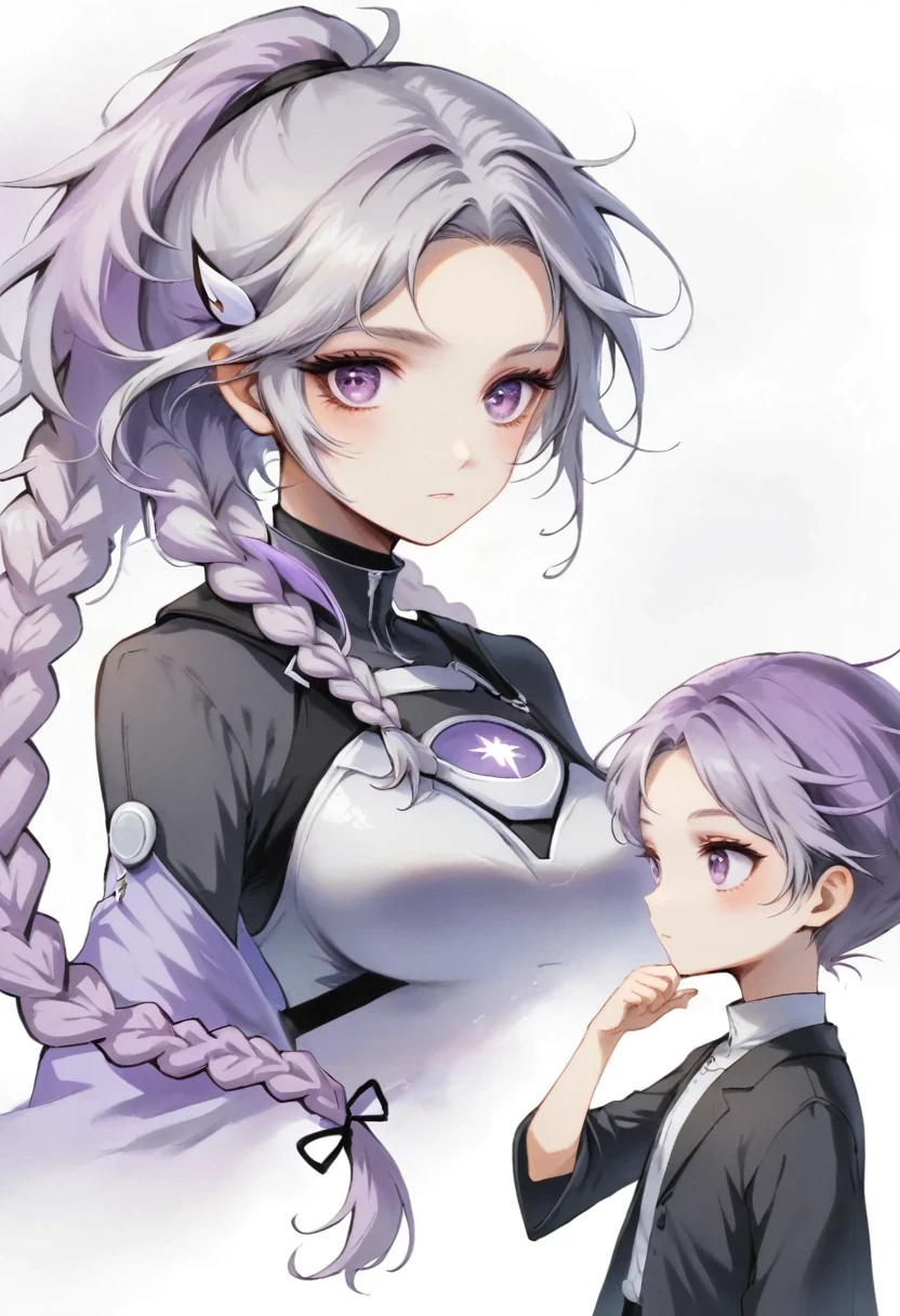Two people,A man and a girl with long braids,purple and white,Simplicity