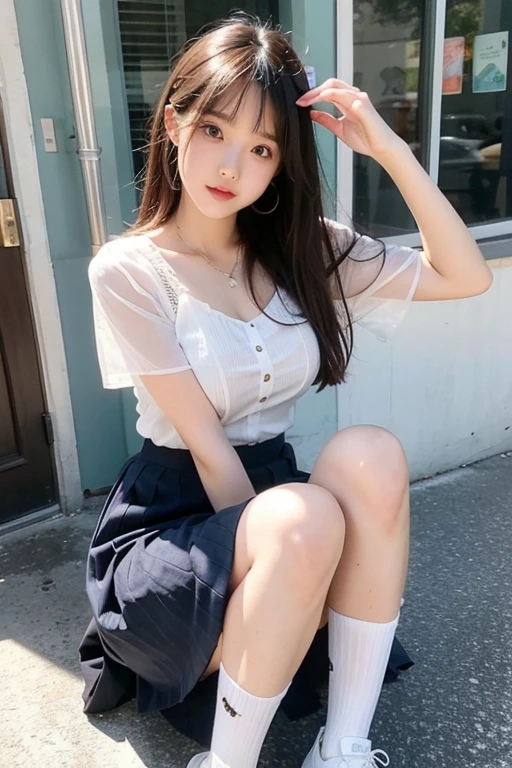 Cute sitting, Sexy face, Big breasted, skirt, The clothes came off., See-through clothing, Knees raised