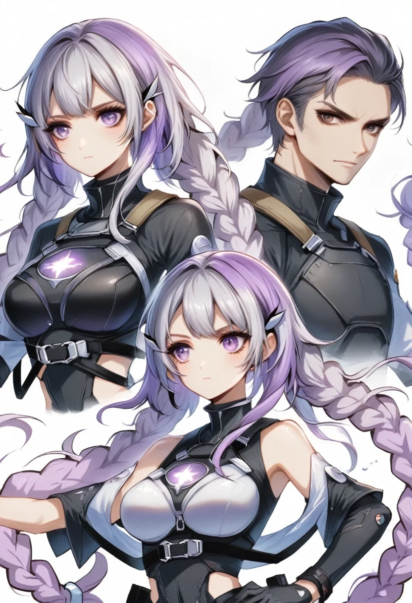 Two people,A man and a girl with long braids,purple and white
