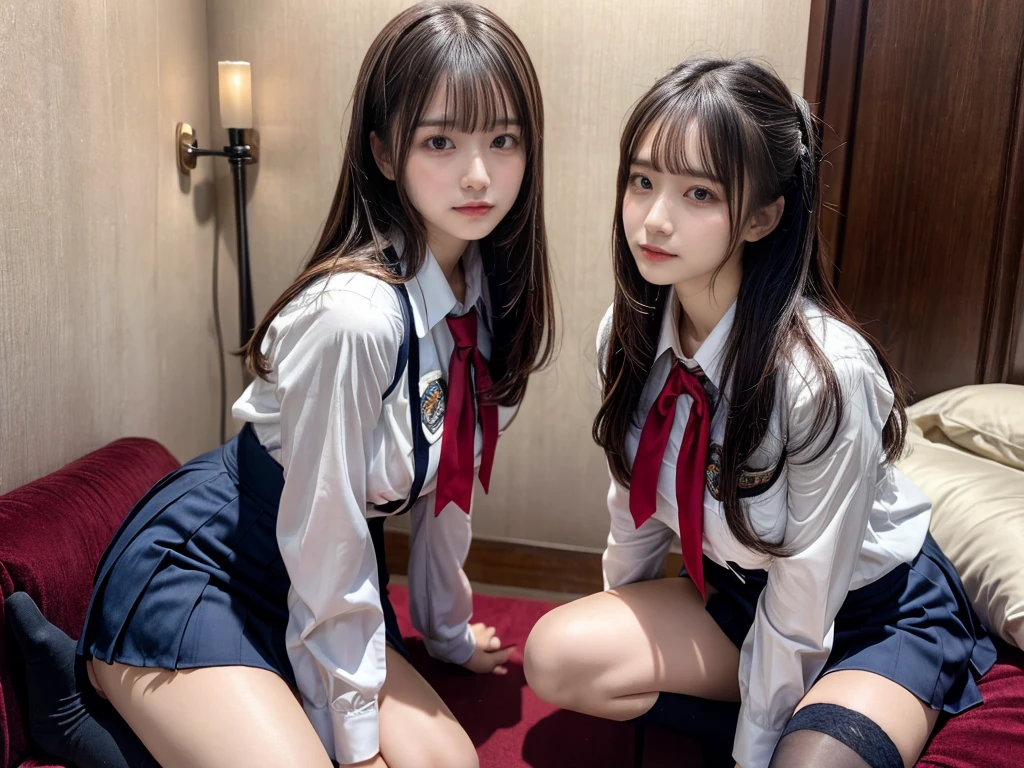 (8K, Raw photo, Highest quality, masterpiece:1.2), masterpiece, Highest quality, figure, Very detailed, Fine details, High resolution, 8K,wallpaper, Perfect dynamic composition,(Detailed high quality, Realistic depiction of eyes:1.3), ((2 girls, 2 high school girls)), The background is a room in a luxury hotegirl uniform、blazer 、Super Short Check Uniform Skirt、Navy blue knee-high socks、garter belt、huge 、Disheveled uniform, Play with each other,Touching each other's bodies,Touching the body of the girl next door, Short Bob Hair, Black hair color, hugeな胸, Big Natural Color Lip, Bold sexy pose, (Perfect figure), Crying a little、Cold Stare, Beautiful Makeup,Glitter makeup,The cutest 18 year old, Beautiful feet, Gravure idol pose, Voluptuous thighs