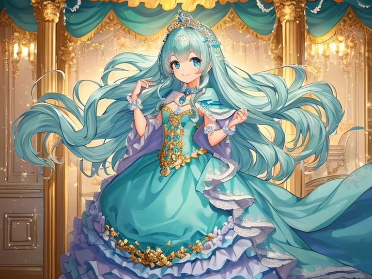 (kawaii),(best quality),(ultra detailed), upper body,(rococo style),(long train mint blue cape:1.05), very long cape,(long train mint blue ball gown with flower decorations:1.05), a girl is wearing a cape over her gown, 1 princess, tiara, smile, small breasts, very long hair