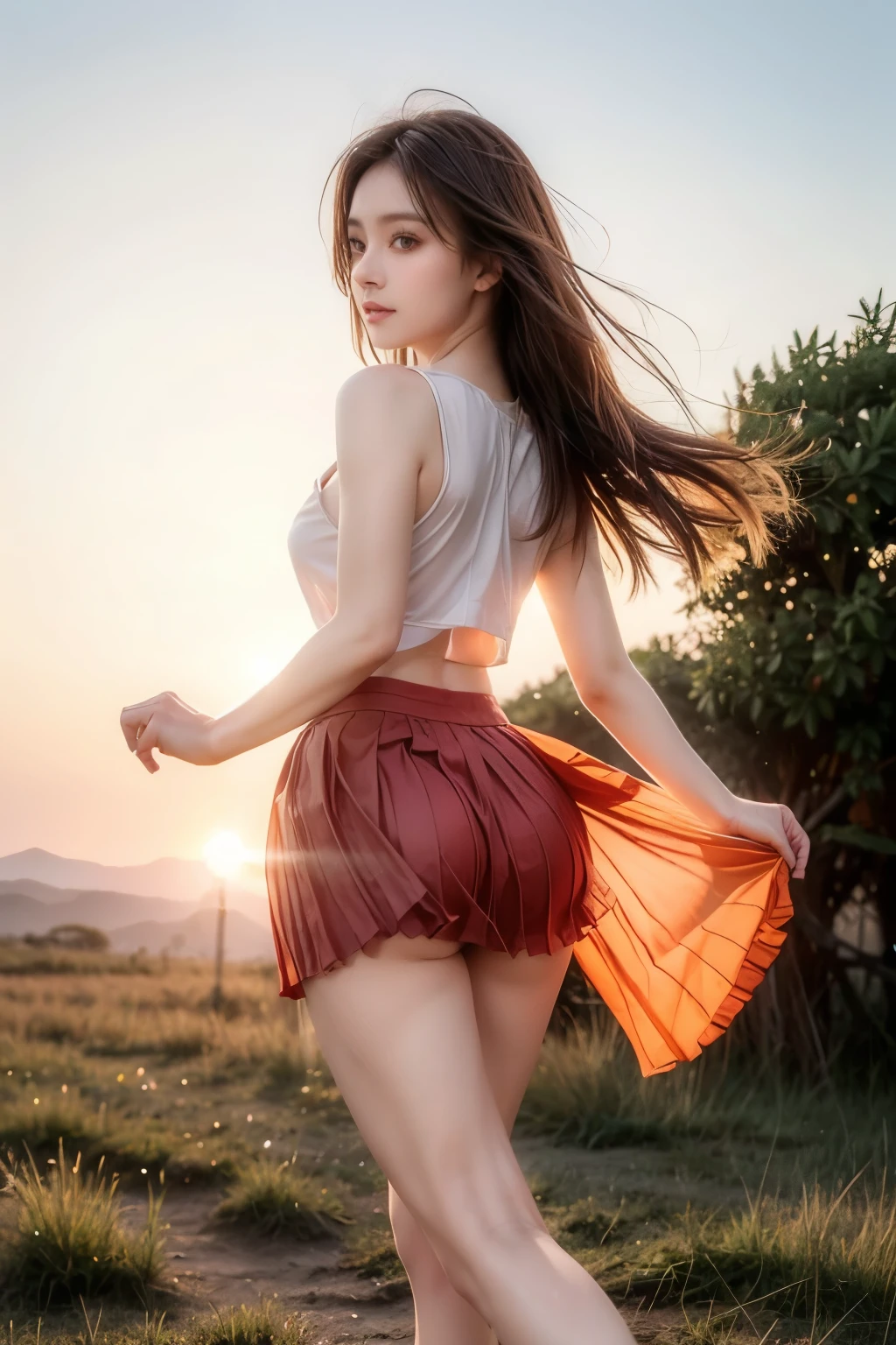 (highest quality, High resolution, masterpiece :1.3), (Shooting from the rear side), Beautiful girl, Orange sunset sky,running in the grassland,Short Bob, Blushing,Dynamic Movement.Large firm breasts,No makeup,((Transparent and shining costume with pleated skirt))
