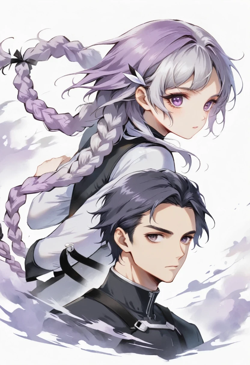 Two people,A man and a girl with long braids,purple and white,Simplicity