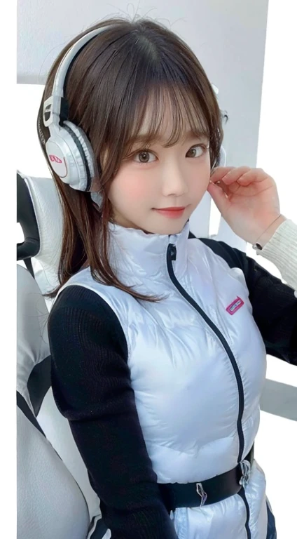 An innocent 20-year-old girl、((White tank top, Dramatic Pose)),smile,break (Spacecraft control room background):2,、break RAW Photos, (8k、highest quality、masterpiece:1.2)、(Intricate details:1.4)、(Realistic:1.4)、Octane Rendering、Complex 3D rendering with ultra-detail, Studio Soft Light, Rim Light, Crisp details, Super detailed, Realistic skin texture, detailed aspects, Beautiful details in the eyes, Highly detailed CG Unity 16k wallpaper, Compensate, (Detailed Background:1.2), Glowing Skin, whole body、(Astro Best):2,(Black long sleeve):5,headphone,Smart Watches,((Stand with your hands folded behind your back、Leaning forward、Top view))