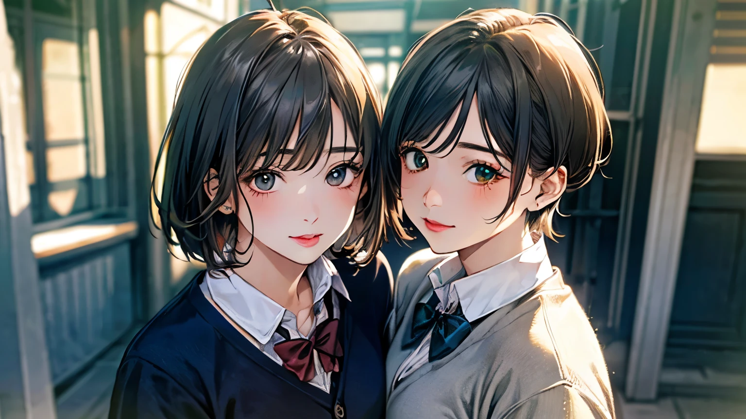 (masterpiece:1.3, highest quality, Ultra-high resolution, Super detailed), (Realistic, photoRealistic:1.4), Beautiful illustrations, Perfect lighting, Natural light, Depth of written boundary, , 
Beautiful detailed hair, Beautifully detailed face, Beautiful fine details, Beautiful clavicle, Beautiful body, Beautiful breasts, Beautiful thighs, Beautiful feet, Beautiful Hands, 
View Viewer, (Face Focus, Upper Body), 1 girl, high school girl, (Perfect ???????, Anatomically correct), Cute and symmetrical face, Baby Face, Perfect Face, Perfect Eyes, Highly detailed skin, 
(short hair:1,2, Bobcut:1,2, Light brown hair), Swept-apart bangs, Emerald green eyes, Droopy eyes, Big eyes, Long Eyelashes, (Medium chest, juicy thighs, Attractive thighs), 
((Detailed cloth texture, navy long sleeve cardigan, White collared shirt, Grey pleated mini skirt, Dark red bow tie, Black Stockings, School boots), The finest underwear), 
(Beautiful views), evening, (School corridor), (walk), (Captivating smile, Upward glance, Lips parted), Reading a book