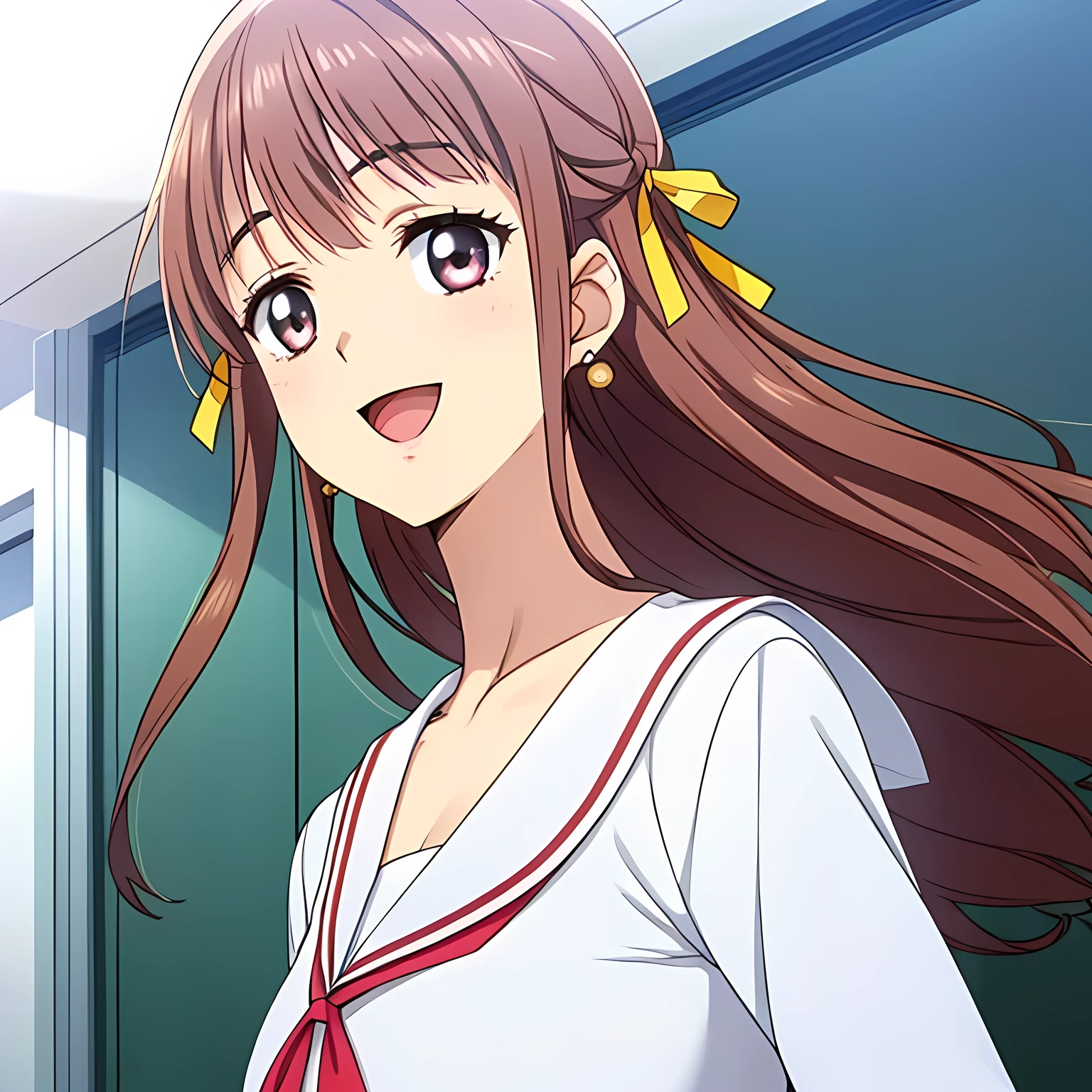 highest quality, (masterpiece:1.2), Very detailed, (((((Game CG))))), ((((A portrait of a very noble and elegant 20-year-old young lady wearing her school sailor uniform, seen from behind.)))), ((The girl everyone loves)), (((((Very beautiful, flaxen, wavy, long hair))))), ((((A neat and tidy pink sailor suit)))), ((((A neat, deep pink long pleated skirt)))), ((((She was smiling with her beautiful, shining eyes narrowed.)))), ((Very long eyelashes)), ((A huge red ribbon on her chest)), ((A refined and elegant look like a noble princess)), (((Beautiful and great smile))), ((Very good posture)), ((Give the viewer a heavenly feeling of happiness)), (((Blur the background))), ((Very noble and elegant face)), ((Slender and shapely breasts)), (((laughing at me with pity!))), In the background is the hallway of the Palace of Versailles, Heart-shaped gold hair ornament and earrings, ((The elegant, slightly open mouth and glossy lips of an anime heroine)), A strong wind is blowing