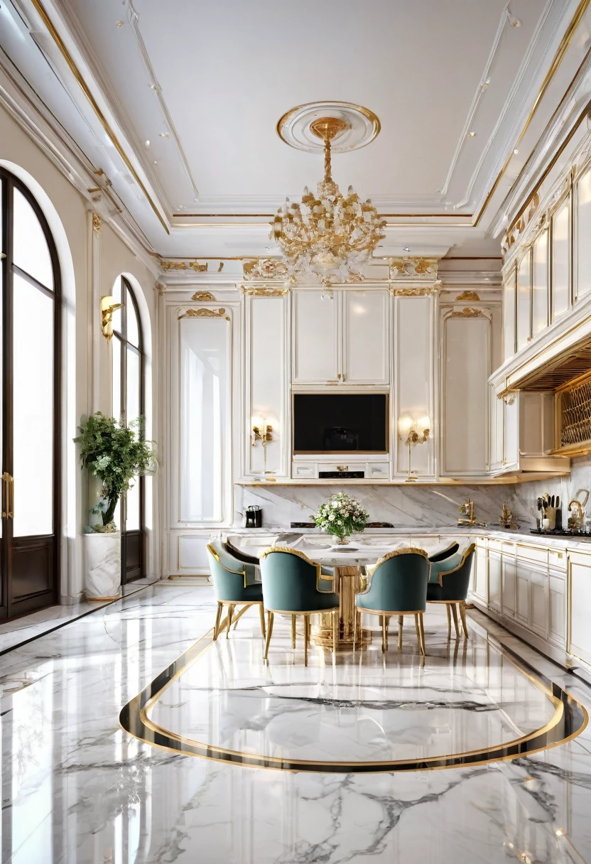 masterpiece, modern kitchen space, luxurious, aristocratic interior design, royal space, ((super detail :1.3))), neoclassical style design, neoclassical interior Modern blend, kitchen interior space with tables and chairs, kitchen details, luxurious aristocratic neoclassical kitchen inside, luxurious marble kitchen floor, kitchen interior, in a kitchen summer morning, island table, starbucks interior illustration, white, gray glossy floor ((1.2)), people sitting in cafe and serving staff (((1.3)))