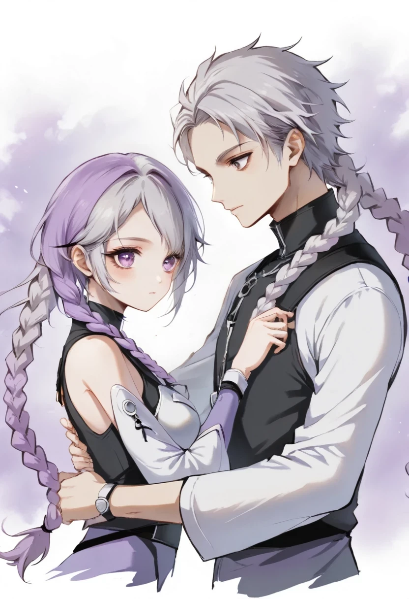 Two people,A man and a girl with long braids,purple and white,Simplicity