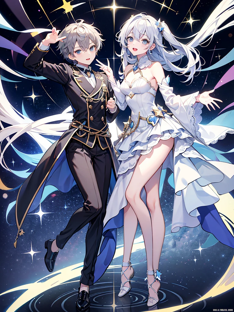 whole body, Character Design, high resolution、High resolution、High Quality、Character portrait、boy、Grey eyes and hair、Male idol costumes、Sparkling、Star motif、Suits、Dynamic poses from head to toe、Delicate shoe depiction