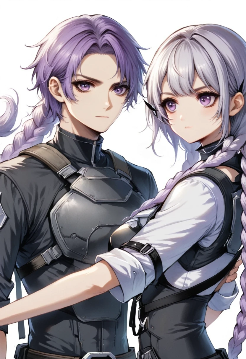 Two people,A man and a girl with long braids,purple and white
