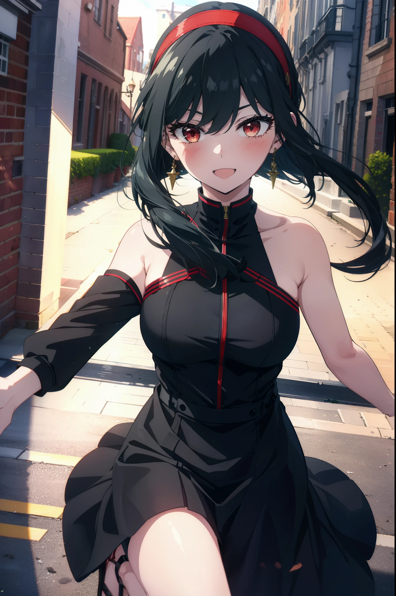 Your thorns, One girl, blush, Black Hair,Red eyes, hair band, jewelry, Earrings, happy smile, smile, Open your mouth, Black sleeveless dress,Bare arms,Long skirt,Cute Sandals,whole bodyがイラストに入るように,Daytime,sunny,
break looking at viewer,whole body,
break outdoors, city,construction area,bridge、
break (masterpiece:1.2), highest quality, High resolution, unity 8k wallpaper, (shape:0.8), (Beautiful details:1.6), Highly detailed face, Perfect lighting, Extremely detailed CG, (Perfect hands, Perfect Anatomy),