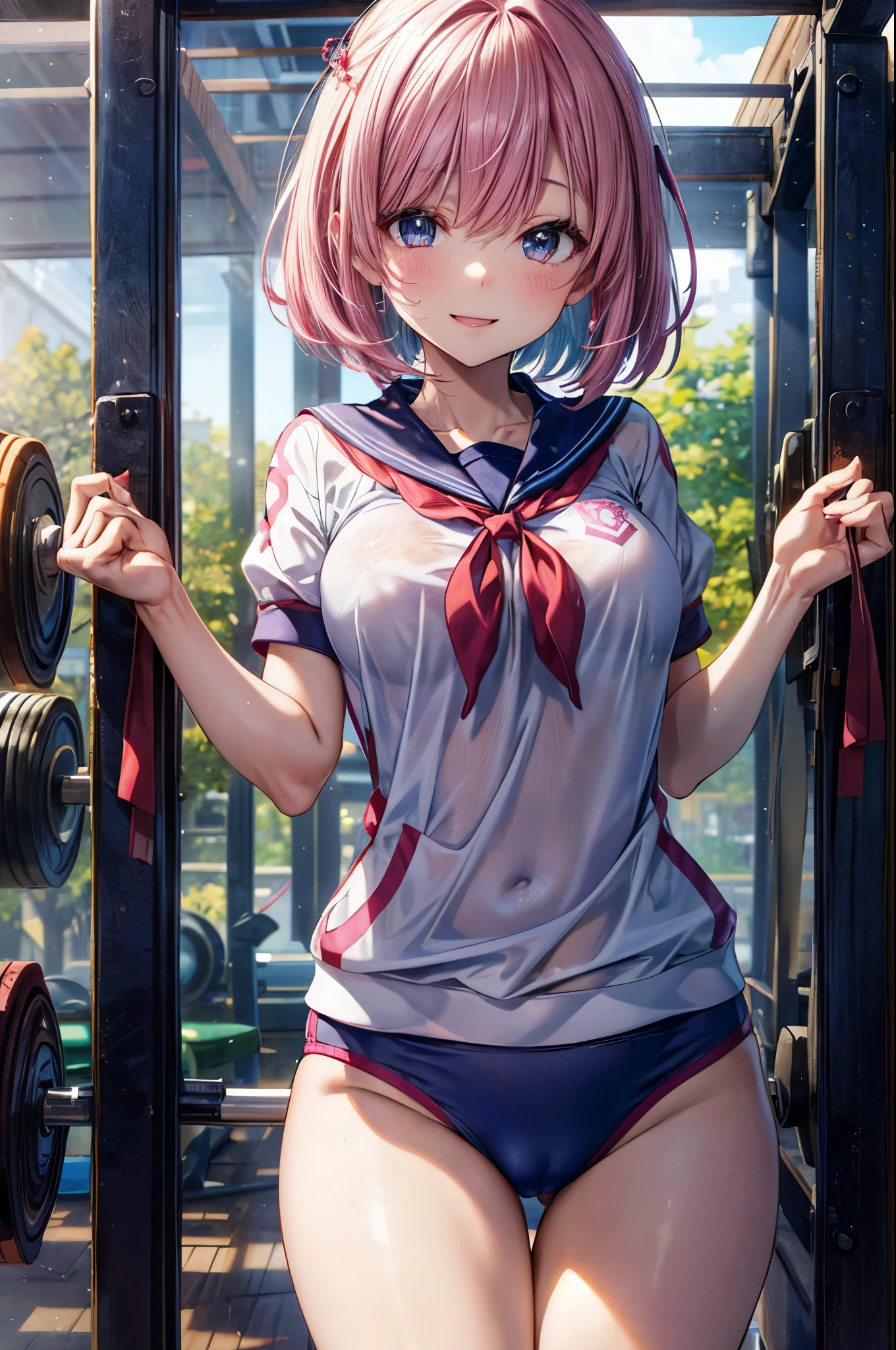 (((Japanese school girls' (gym clothes)))), 4 defined fingers, 1 defined thumb, looking at viewer, solo, 1 woman, 25 years old, AI generated, highest quality, masterpiece, skindentation, perfect face, 8k , cowboy shot, short hair, (pink hair1.5), bob cut, black eye, smile, thin thighs, medium breasts, perfect limbs, sexy, (visible nipples:0.6), (camel toe:0.5),