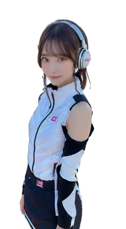 An innocent 20-year-old girl、((White tank top, Dramatic Pose)),smile,break (Spacecraft control room background):2,、break RAW Photos, (8k、highest quality、masterpiece:1.2)、(Intricate details:1.4)、(Realistic:1.4)、Octane Rendering、Complex 3D rendering with ultra-detail, Studio Soft Light, Rim Light, Crisp details, Super detailed, Realistic skin texture, detailed aspects, Beautiful details in the eyes, Highly detailed CG Unity 16k wallpaper, Compensate, (Detailed Background:1.2), Glowing Skin, whole body、(Astro Best):2,(Black long sleeve):5,headphone,Smart Watches,((Stand with your hands folded behind your back、Leaning forward、Top view))