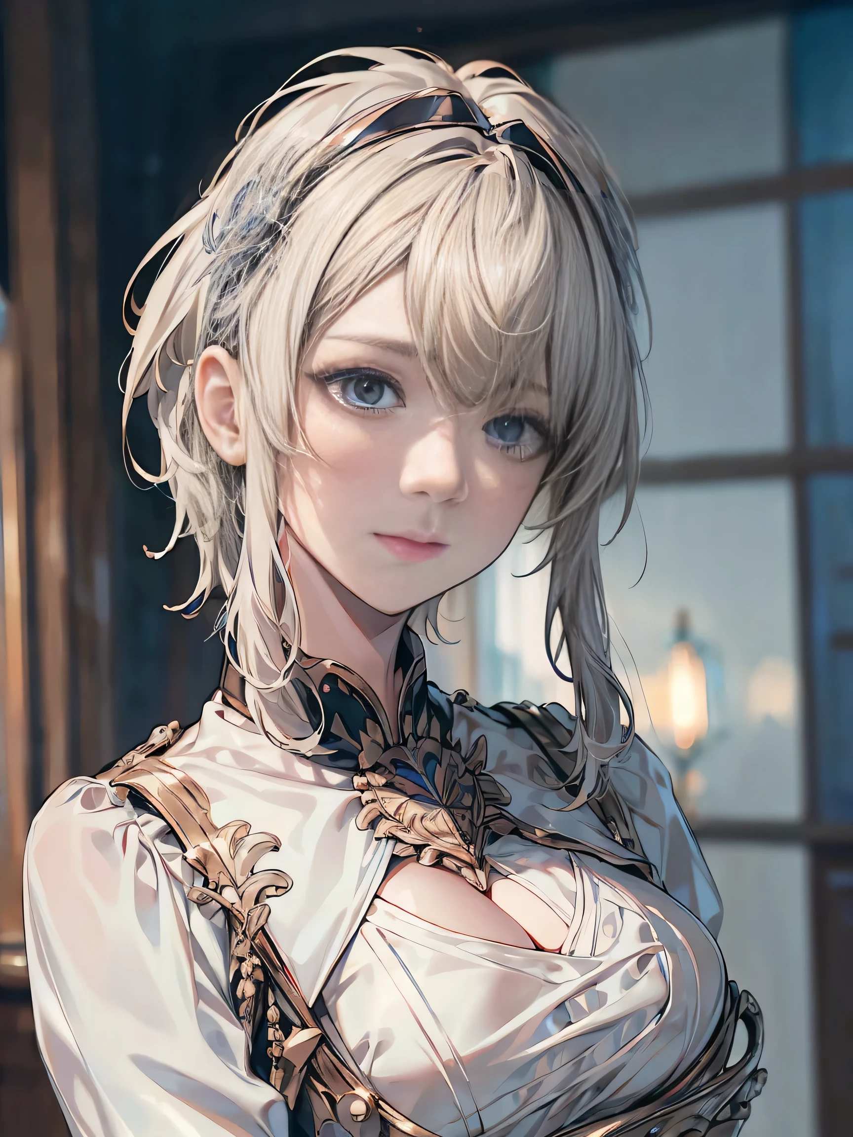 (( (masterpiece),(Very detailed CG Unity 8k wallpaper),(Bust Shot:1.5), highest quality,Cinema Lighting,Photorealistic, Detailed Background,Beautiful and beautiful eyes,Bright Eyes,(Very elegant and beautiful),(Beautifully detailed eye depiction),Very detailed,masterpiece,High resolution)), Richly decorated armor, Beautiful Female Warrior, short hair, Platinum Blonde Hair, Cleavage