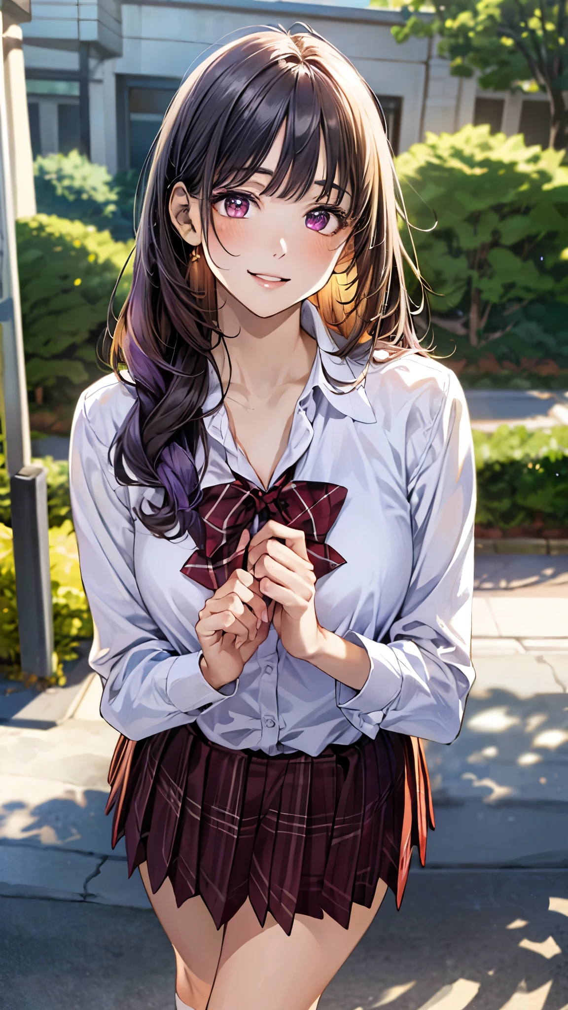 (masterpiece:1.2, top-quality), ultra high res, ultra detailed, (realistic, photorealistic:1.4), beautiful illustration, perfect lighting, natural lighting, depth of fields, ,
looking at viewer, full body, 1 girl, japanese, high school girl, perfect face, (perfect anatomy, anatomically correct, super detailed skin), cute and symmetrical face, babyface, shiny skin,
(long hair, curvy hair, pastel purple hair), blunt bangs, maroon eyes, long eye lasher, (medium breasts:0.6, thin thighs), slender,
beautiful detailed hair, beautiful face, beautiful detailed eyes, beautiful clavicle, beautiful body, beautiful chest, beautiful thigh, beautiful legs, beautiful detailed hands, (five fingers)
(detailed cloth texture, long sleeve white collared shirt, over plaid red pleated skirt break red bowtie),
(beautiful scenery), summer, evening, (behind the school building), (lovely smile, parted lips),