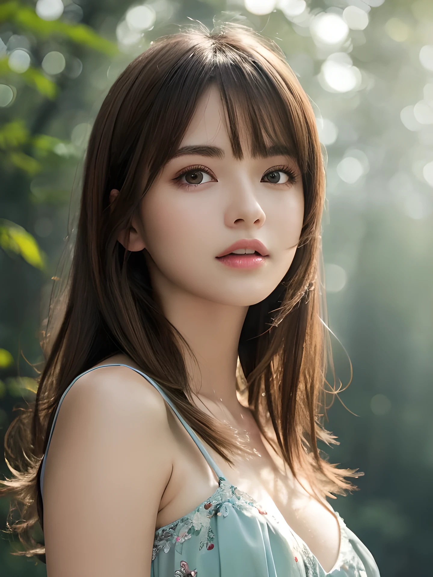 masterpiece, highest quality, High resolution, wallpaper, realistic, (bright lighting:1.4), professional lighting, face light, smooth lighting, (shoot from front:1.8), 1 girl, closeup-face, cute, sleepy, open mouth to say something, shy, Beautiful girl, sexy, super beautiful, beautiful skin, beautiful and detailed eyes、detailed face、slim、moderately, pixie cut, brunette colored hair, brown eyes, Professional Photography, Bokeh, Portrait, The morning sunlight shines through the misty forest path. Summer Dresses,